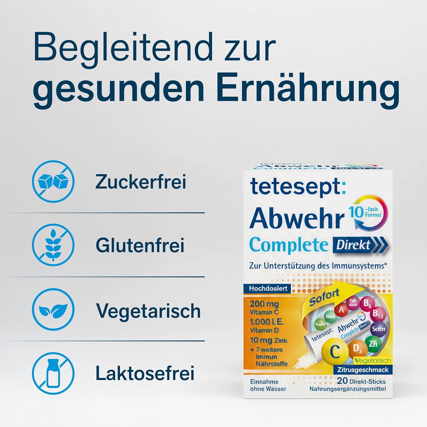 Detalle 2 de tetesept Abwehr Complete Direkt Sticks – 10fach Formel mit Vitamin C + D3 + Zink, vegetarisch & laktosefrei