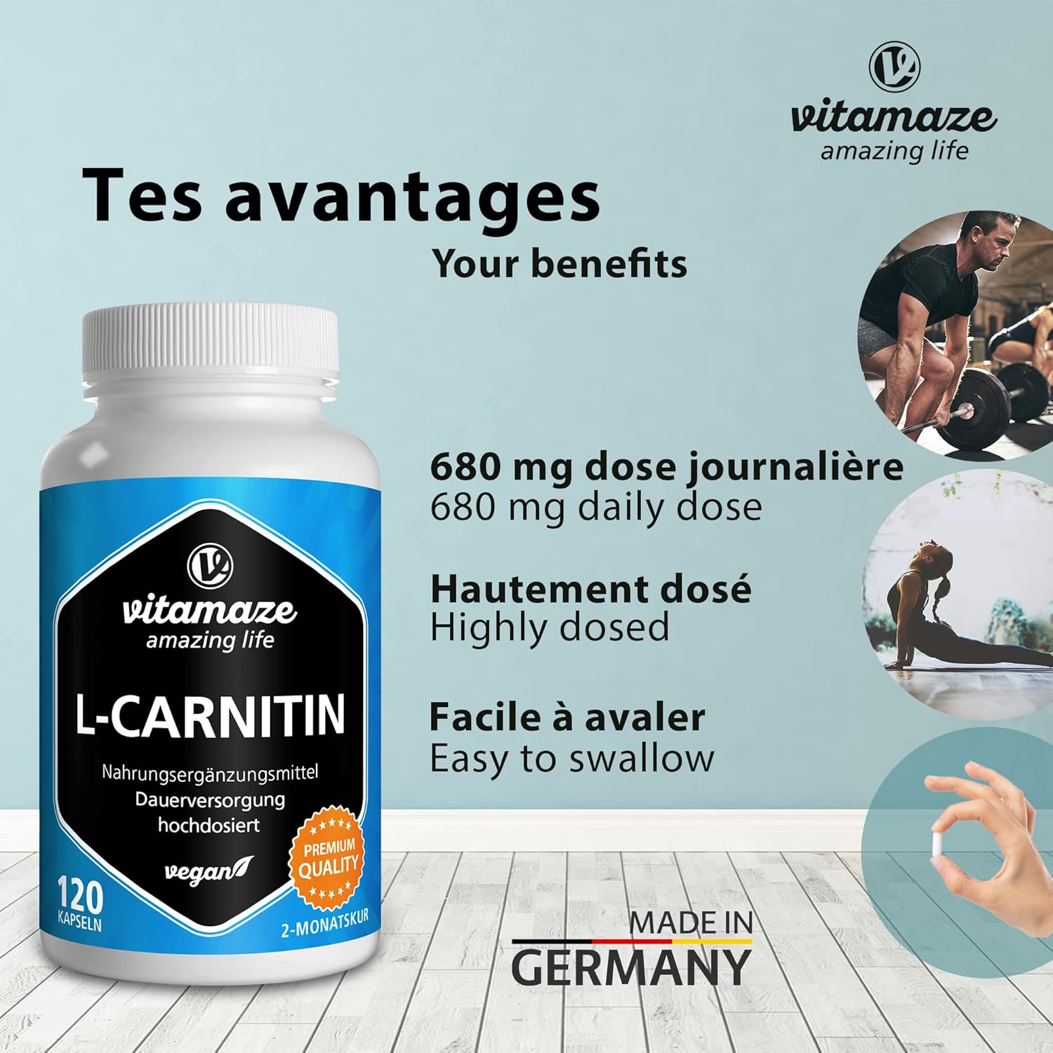 Thumbnail 1 de Vitamaze L-Carnitine haute dose (tartrate) 1000 mg/j – 120 gélules végane