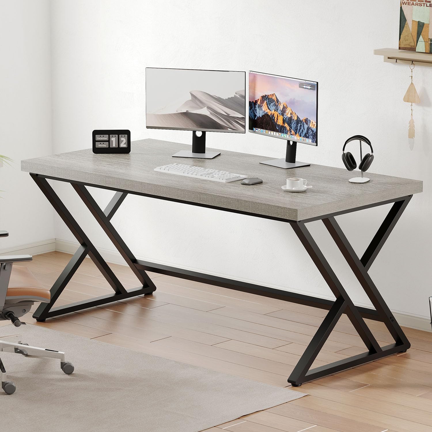 Detalle de LVB Grey Industrial Wood Desk (47 Inch) with Metal Frame and Storage