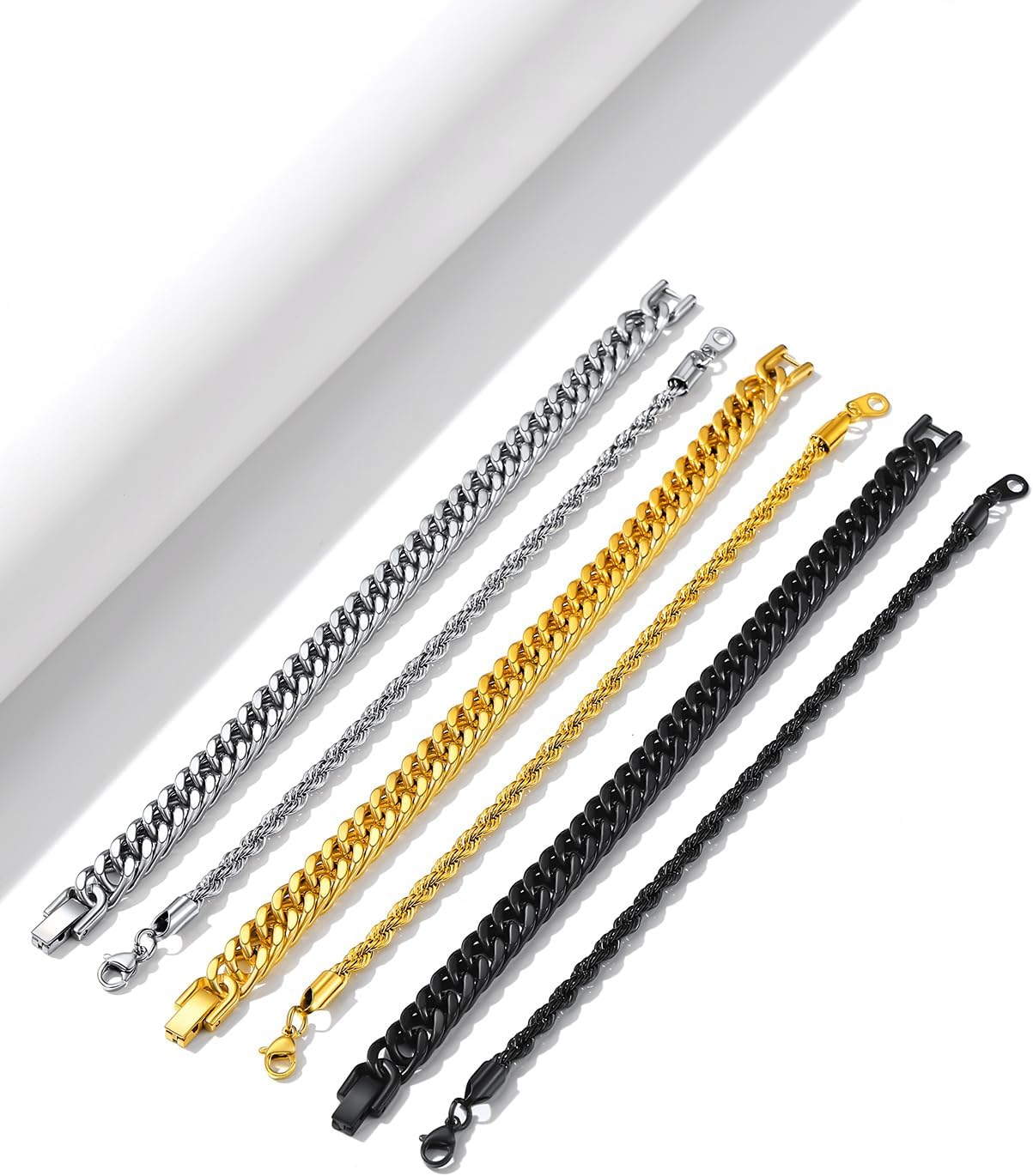 Thumbnail 6 de Richsteel Herren Edelstahl Armband-Set (2/3-teilig), stapelbar in Schwarz/Stahl/Gold – 9/8/4 mm, Längen 19/21/23 cm