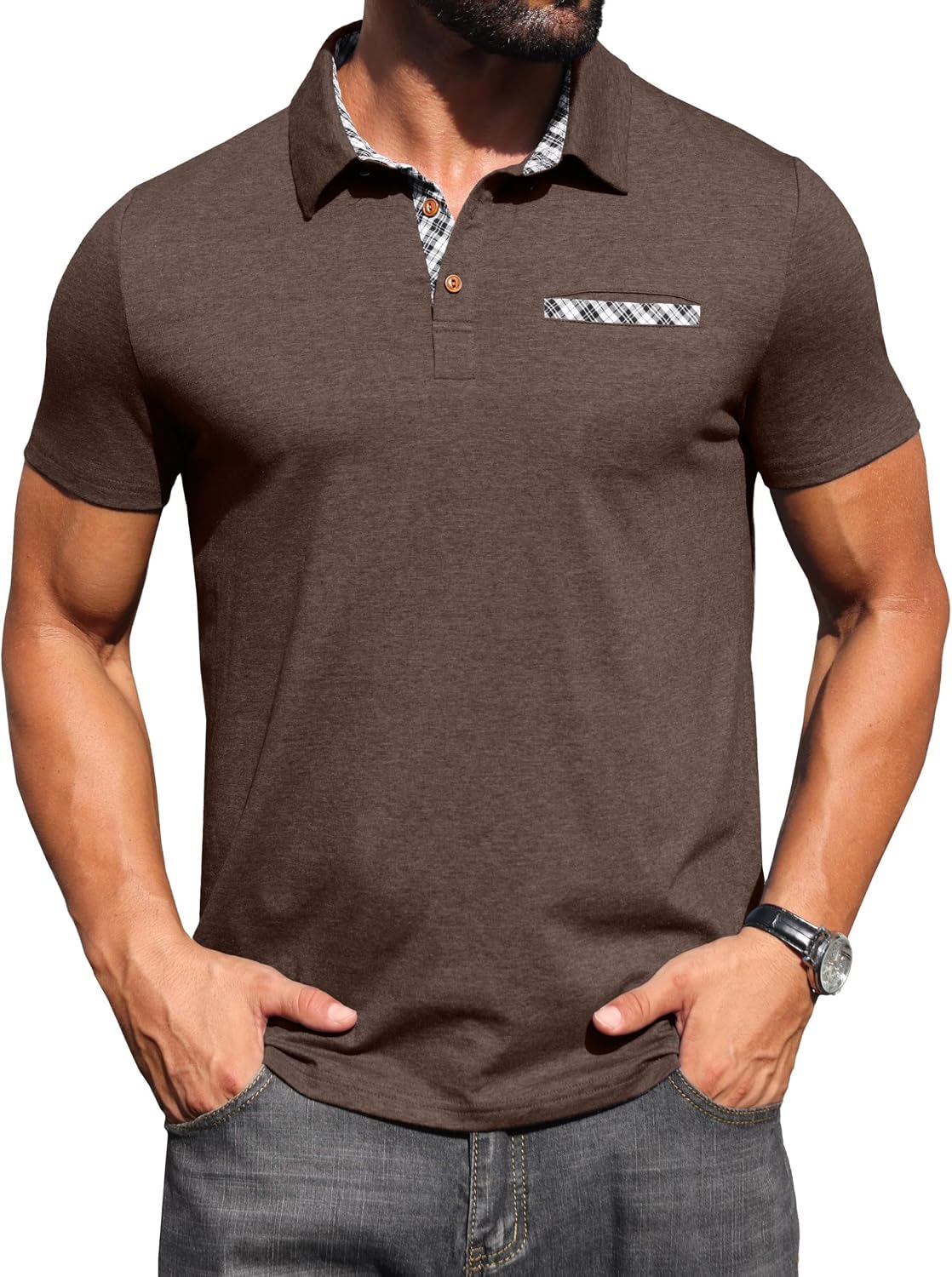 Detalle 2 de Hisir Mens Polo Shirt Cotton Short Sleeve with Pocket – Modern Smart-Casual Polo