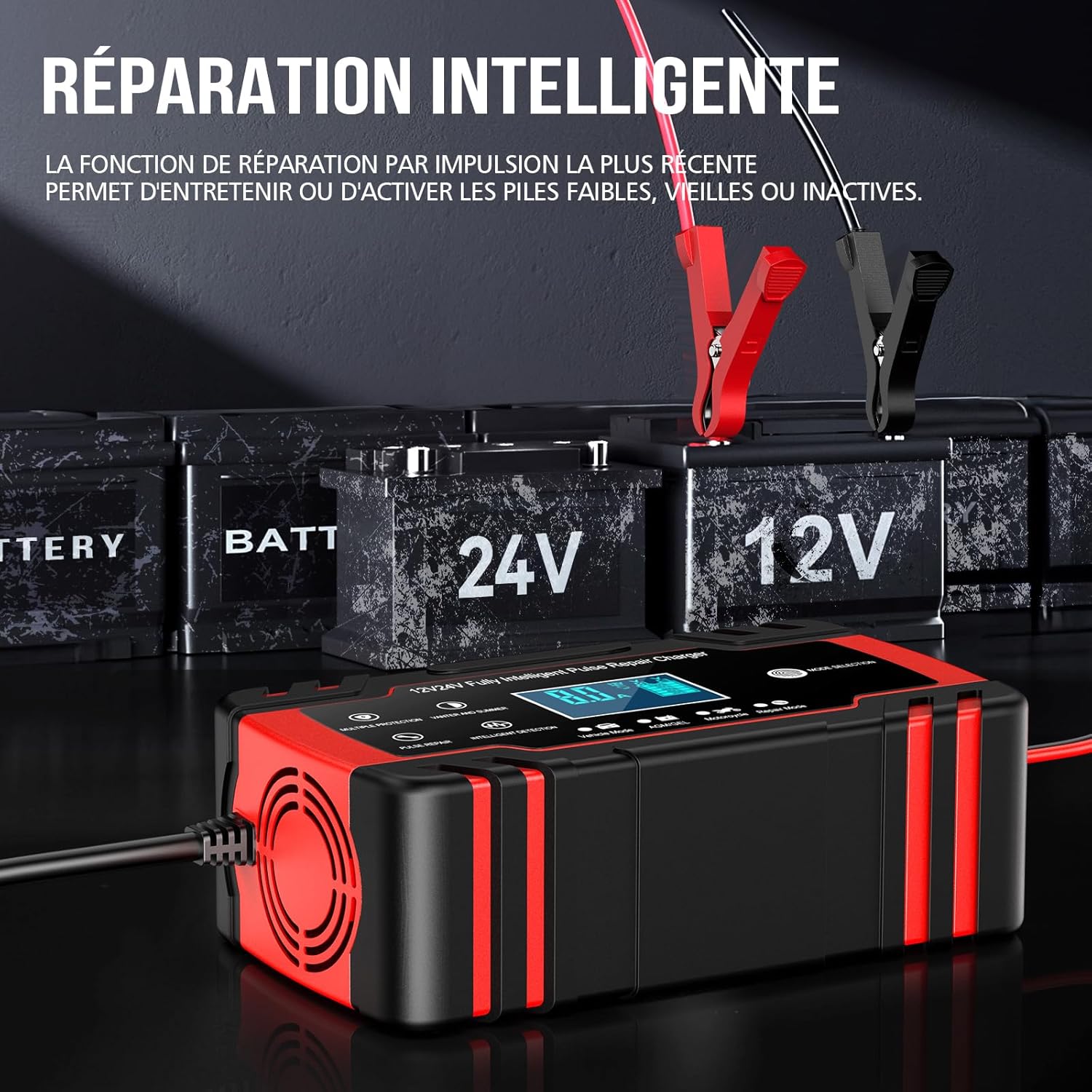 Detalle de Husgw Chargeur Batterie Voitures 12V/24V 8A – Chargeur intelligent avec fonction réparation et écran LCD