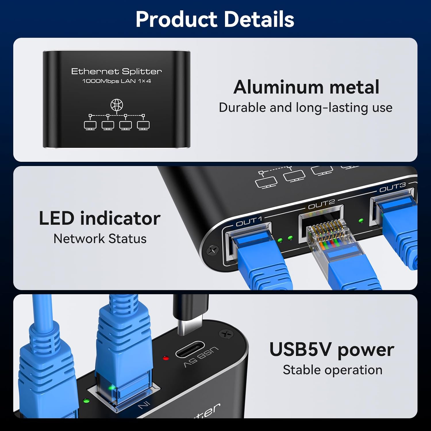 Thumbnail 5 de VEDINDUST LAN Splitter 1 Auf 4 – Gigabit Ethernet-Verteiler aus Aluminium (1000 Mbps)