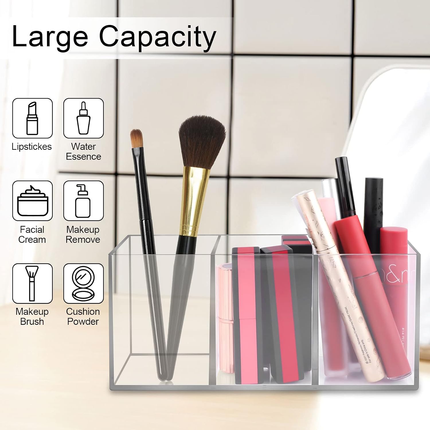 Thumbnail 1 de Acrylic Pinselhalter, 3 Fächer – Klarer Schminktisch Organizer
