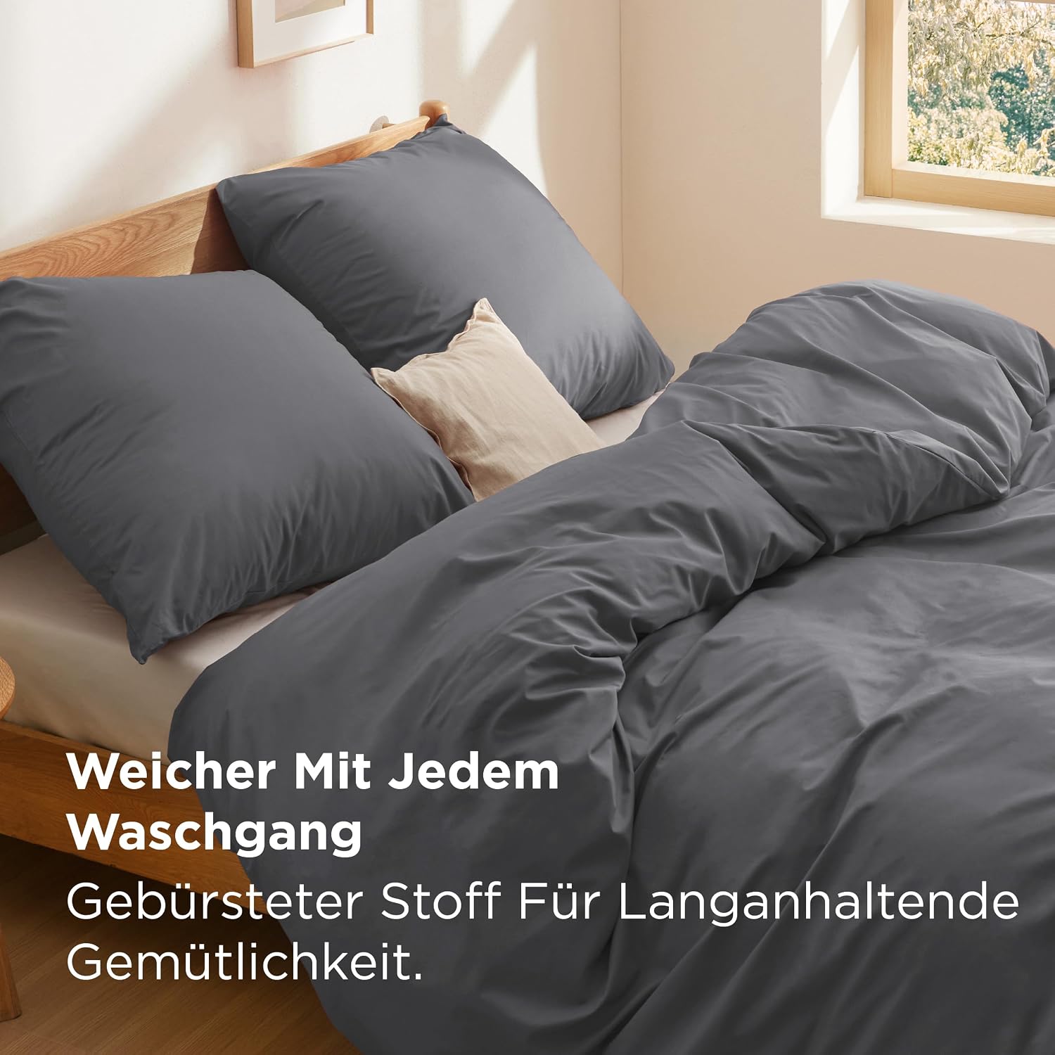 Detalle 2 de BEDSURE Bettwäsche 200x200 Baumwolle, 3-teilig, dunkelgrau – 1x Bettbezug 200x200 + 2x Kissenbezüge 80x80, Reißverschluss, OEKO-TEX