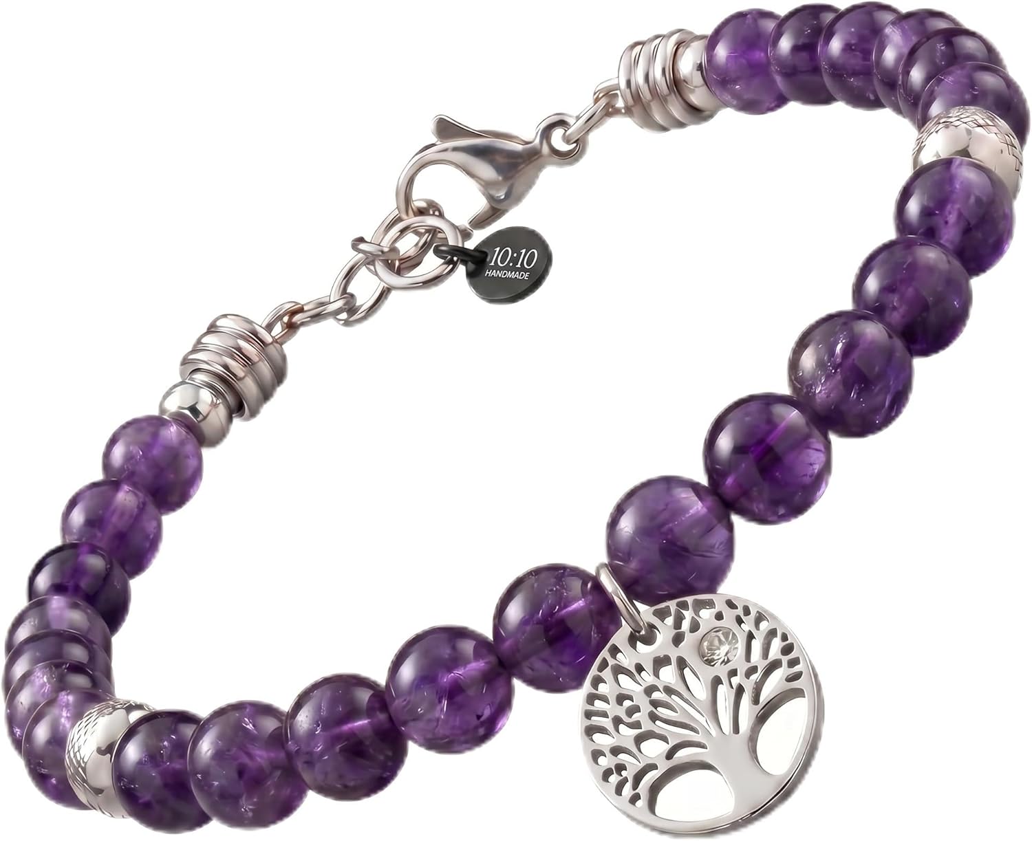 Detalle 2 de 10:10 Bracciale Donna in Pietre Naturali 6mm e Acciaio Inox Anallergico – Albero della Vita, Zircone e Ciondolo Regolabile