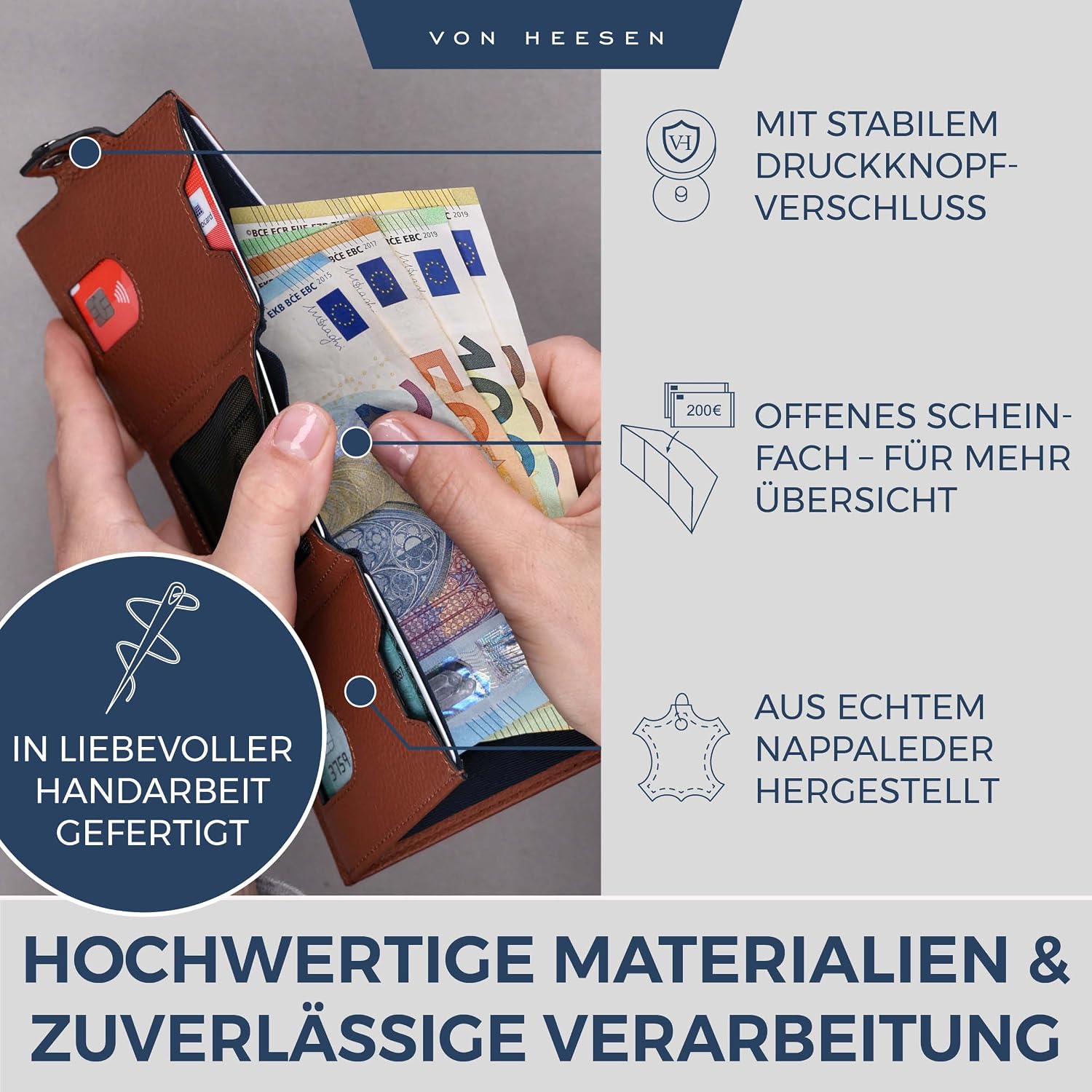 Detalle de VON HEESEN Slim Wallet – RFID-Schutz, XL Münzfach und echtes Leder