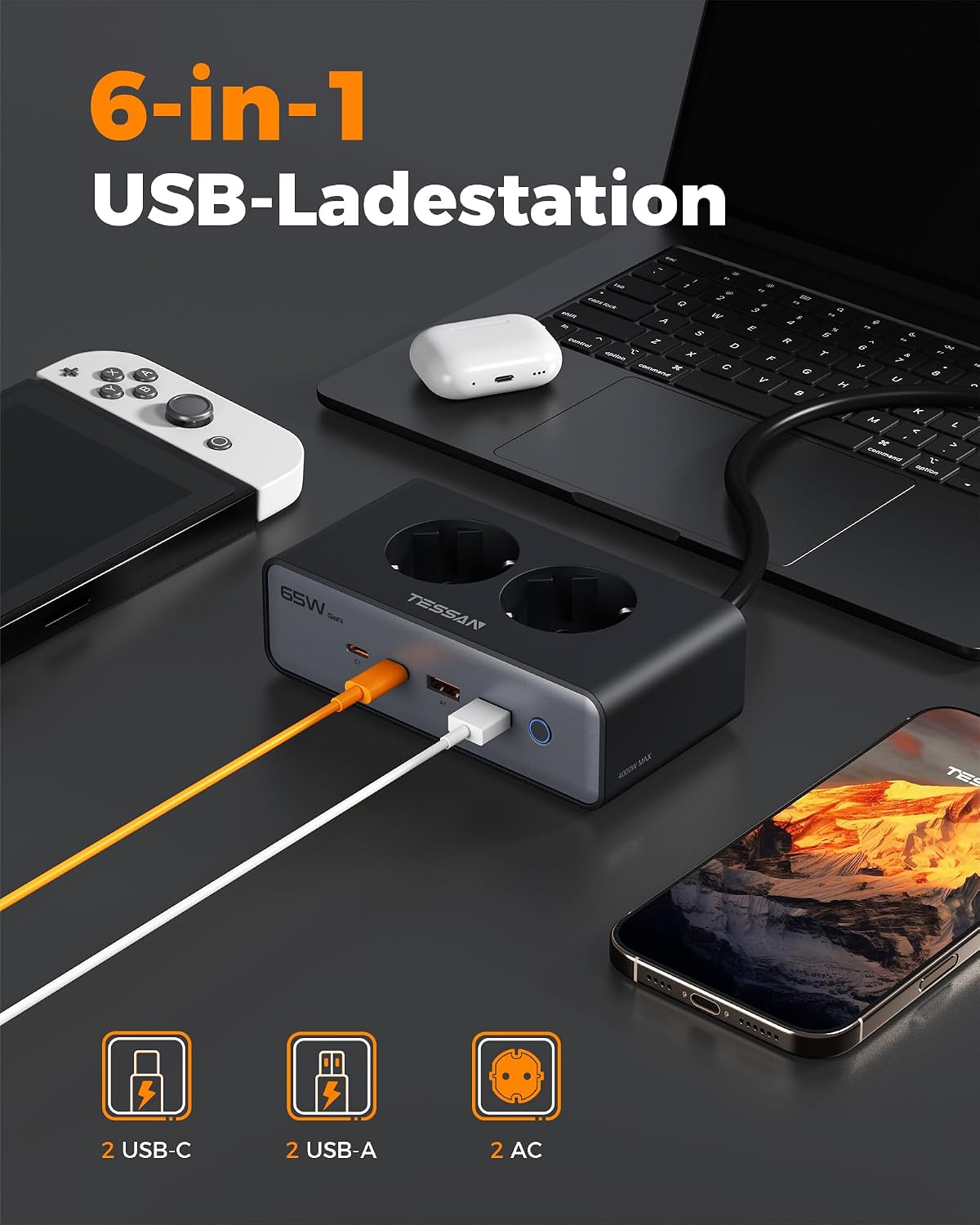 Thumbnail 1 de TESSAN Mehrfachsteckdose mit USB 6-in-1 (Überspannungsschutz, 4000 W, GaN PD 65 W, 1,5 m)