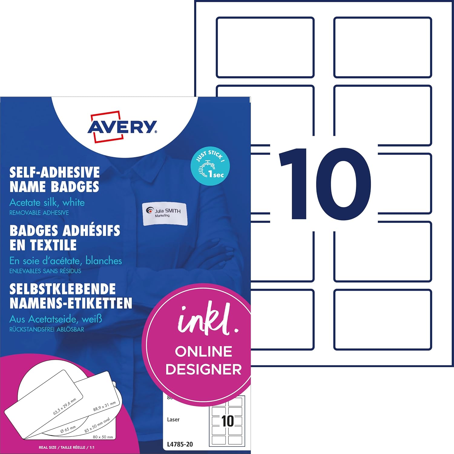 AVERY Zweckform L4785-20 Namensetiketten – 200 selbstklebende Textiletiketten, 80x50 mm, dauerhaft rückstandsfrei ablösbar
