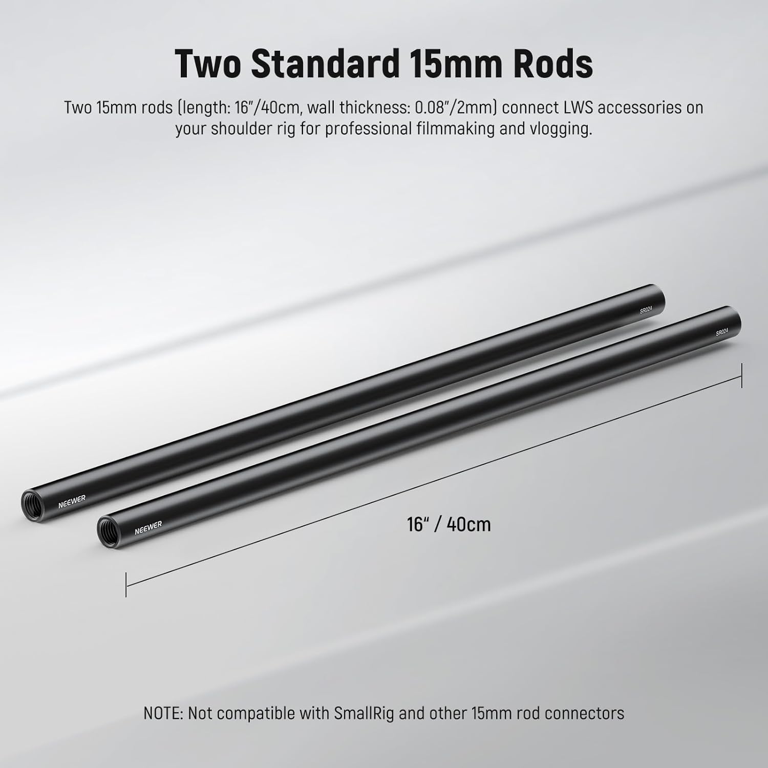 Thumbnail 1 de NEEWER Tiges d’extension LWS 15 mm – 2 tiges de 40 cm (16”) avec filetages M12 x 1,5, SR024