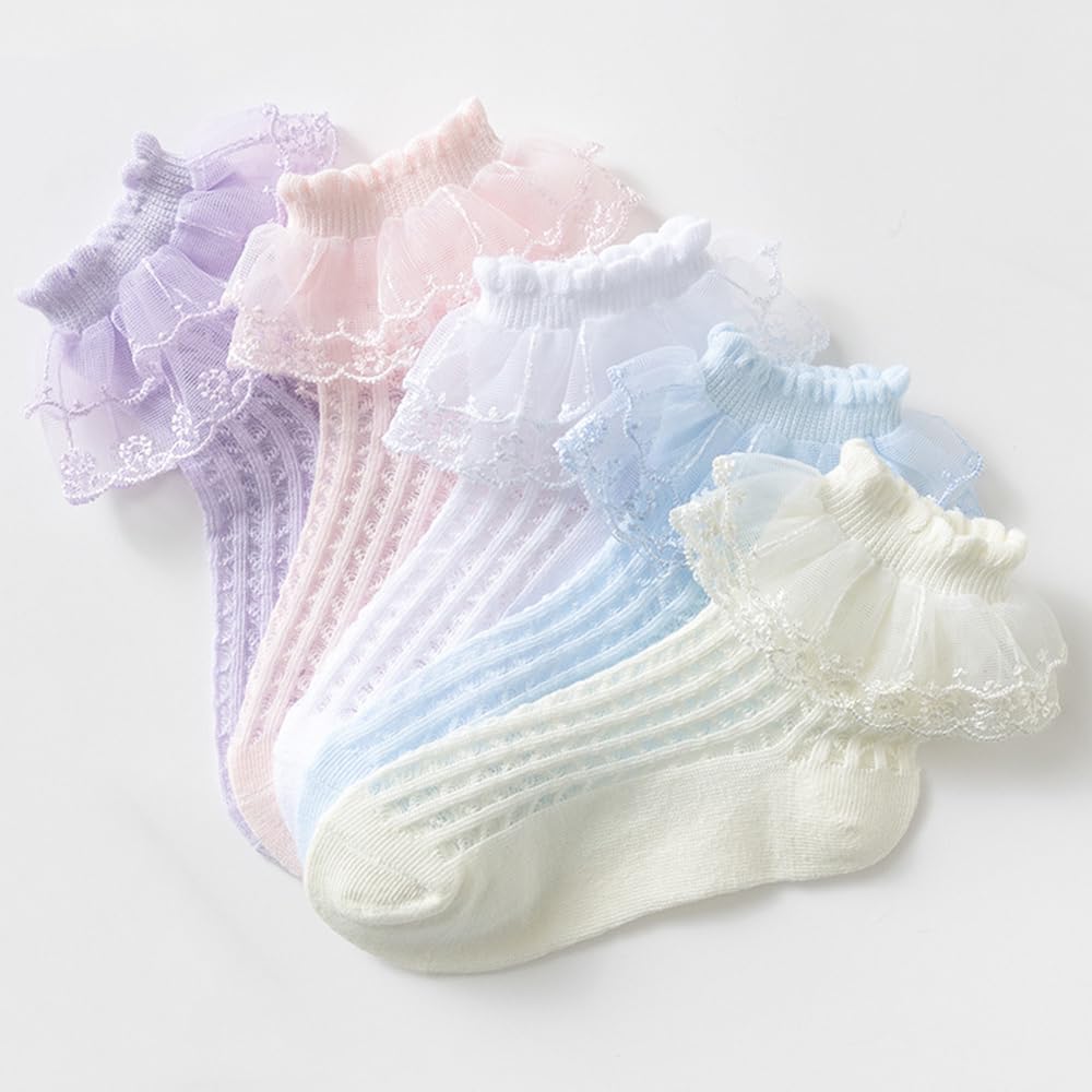 Detalle de HXQLXGT 6 Pairs Baby Girls Frilly Lace Socks – Gentle, Elastic Ankle Socks for 1-10 Years