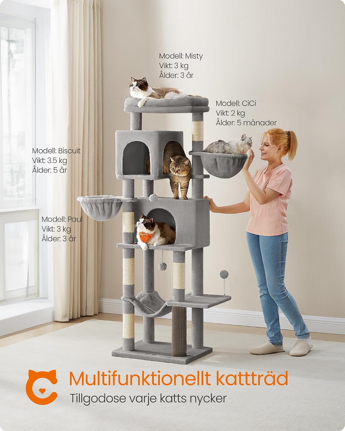 Detalle de FEANDREA PCT182G01 katträd, 175 cm med två gömställen och hängmatta