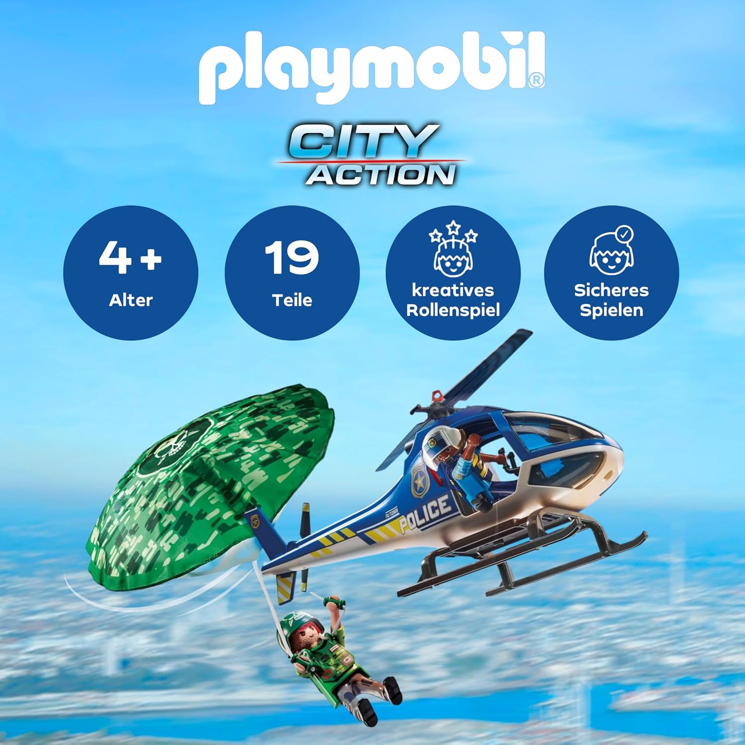 Detalle 2 de PLAYMOBIL City Action Polizei-Hubschrauber 70569 – Fallschirm-Verfolgung