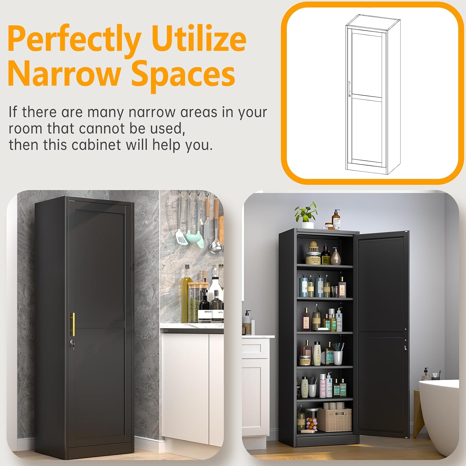 Detalle 1 de Ckzbx Metal Locker Cabinet, 67-Inch Tall, Black, with Adjustable Shelves