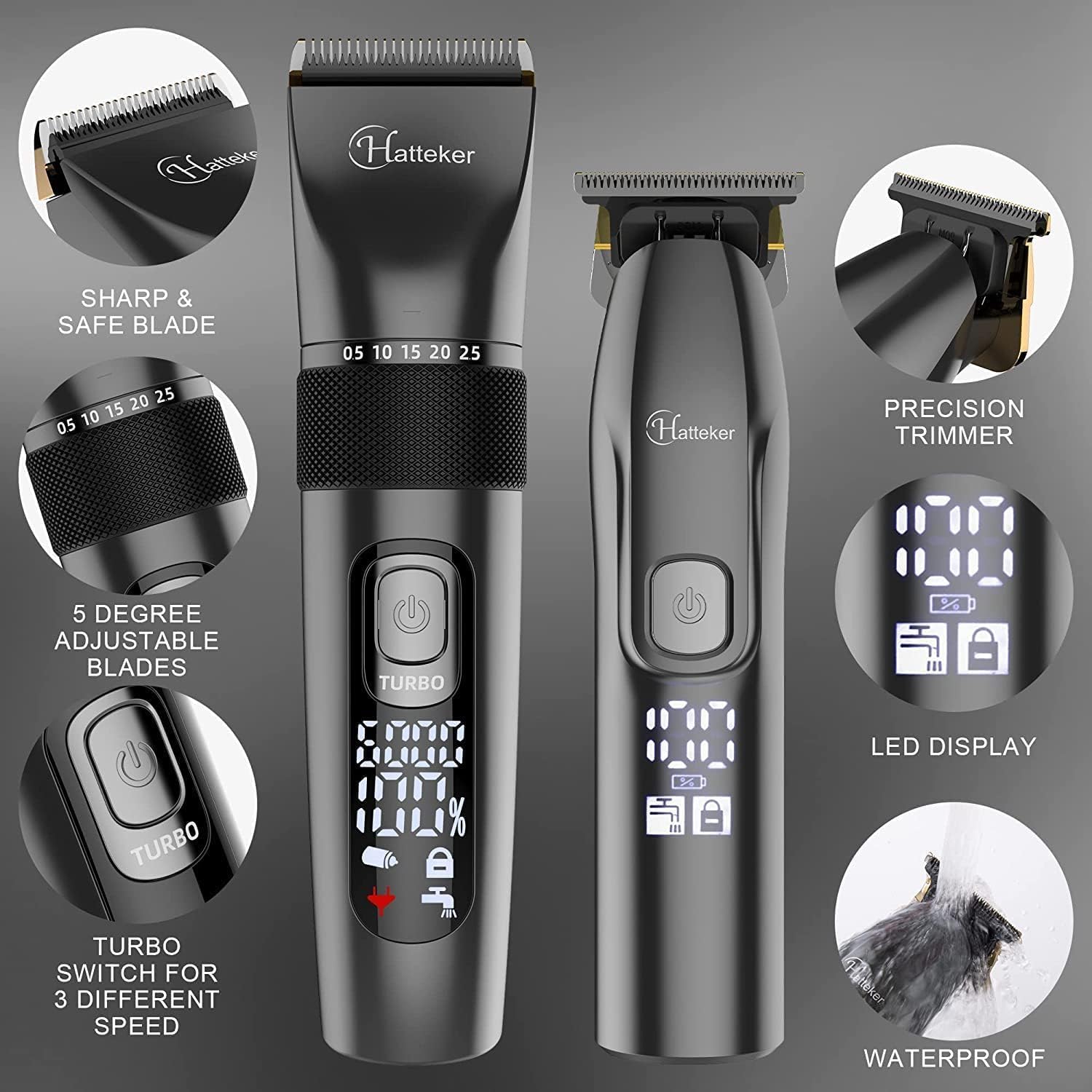 Detalle 2 de Hatteker Profi Haarschneidemaschine Set – Präzisionshaarschnitt und Bartpflege (IPX7, 5 Aufsätze, Turbostufe)