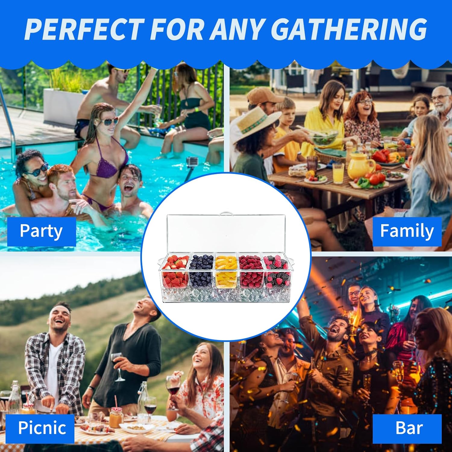 Thumbnail 4 de Large Ice Chilled Condiment Caddy with Lids for 5 Removable Compartments (19" x 7" x 5.5")