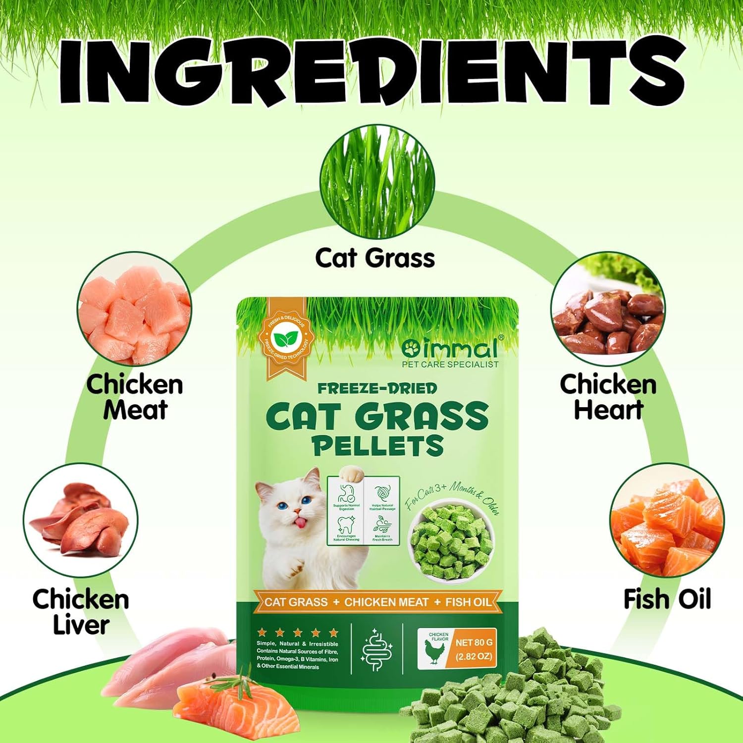 Detalle de Katzengras Snacks für innen mit Huhn & Fischöl (80 g, gefriergetrocknet) – für Verdauung, Haarballen & frischen Atem
