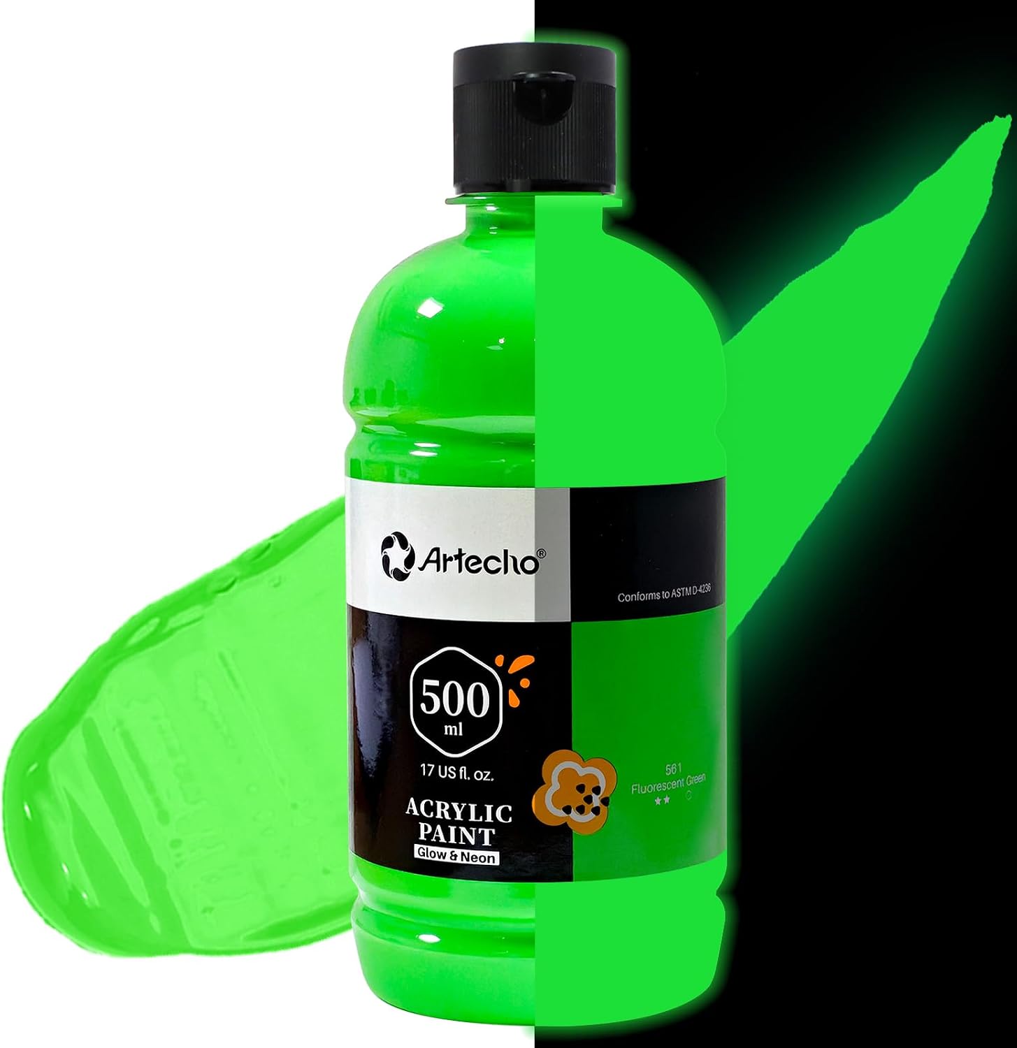 Detalle de Artecho Acrylfarbe Neon Leuchtgrün 500 ml – wasserfest, lichtbeständig und schnelltrocknend