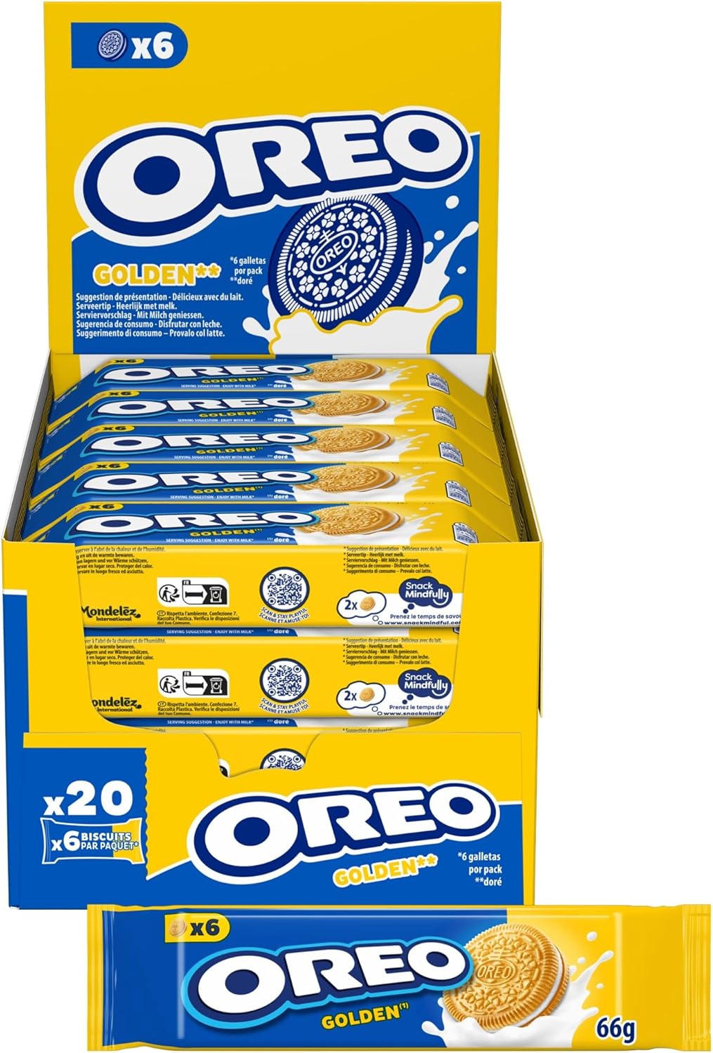 OREO Golden – Biscuits dorés fourrés vanille, présentoir 20 paquets (66 g) – format familial