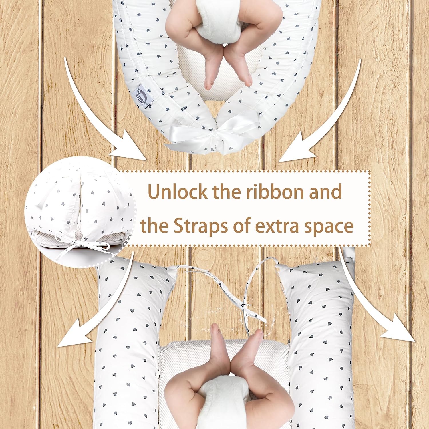 Thumbnail 1 de EAQ Baby Lounger Baby Nest for Co-Sleeping (0–12 months) in 100% cotton – White/Grey