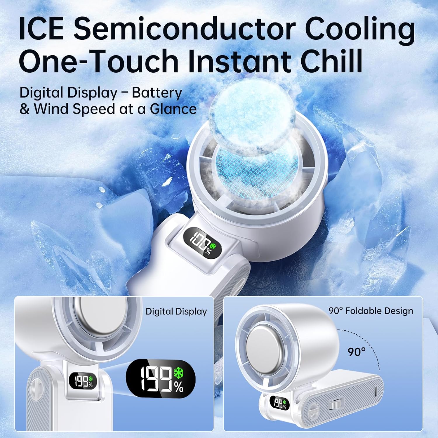 Detalle 2 de Coolhill Handheld Portable Fan with Turbo Cooling: 5500mAh, 199 Speeds, 20000 RPM