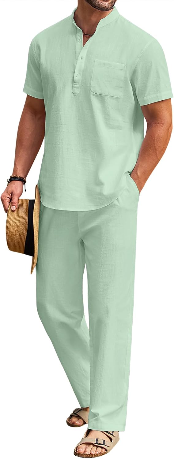 Detalle de COOFANDY Men's 2-Piece Cotton Linen Set: Casual Beachready Comfort, Short Sleeve Henley Shirt + Loose Pants