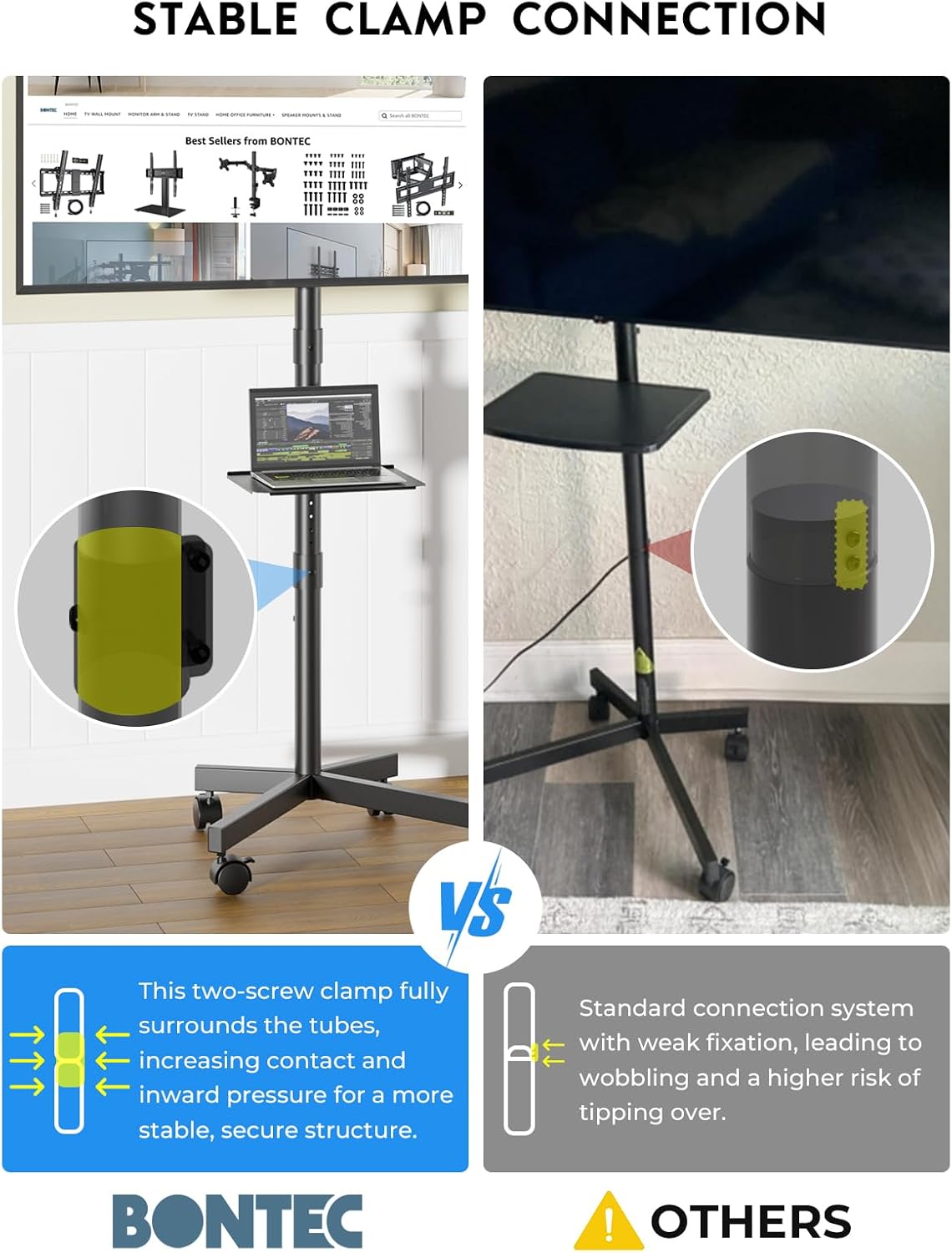 Detalle de BONTEC TC-003B-US-FBA Mobile TV Stand for 23–60-Inch TVs, Adjustable Height