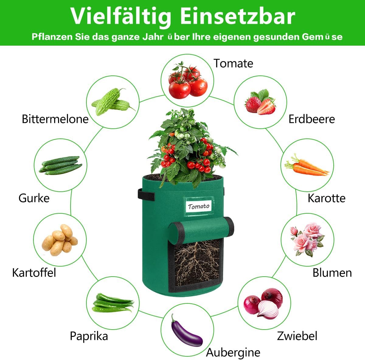 Detalle 2 de Airminti Kartoffel Pflanzsack 50L im 3er Set – Premium Vliesstoff mit Erntefenster, Pflanzmatte & verstärkten Griffen
