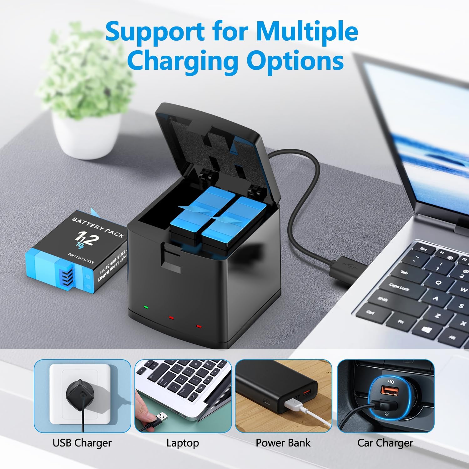 Thumbnail 5 de Melasta 1800mAh Battery Charger for GoPro Hero 12/11/10/9 with 3-Channel Fast Charging (USB-C, LED indicators)