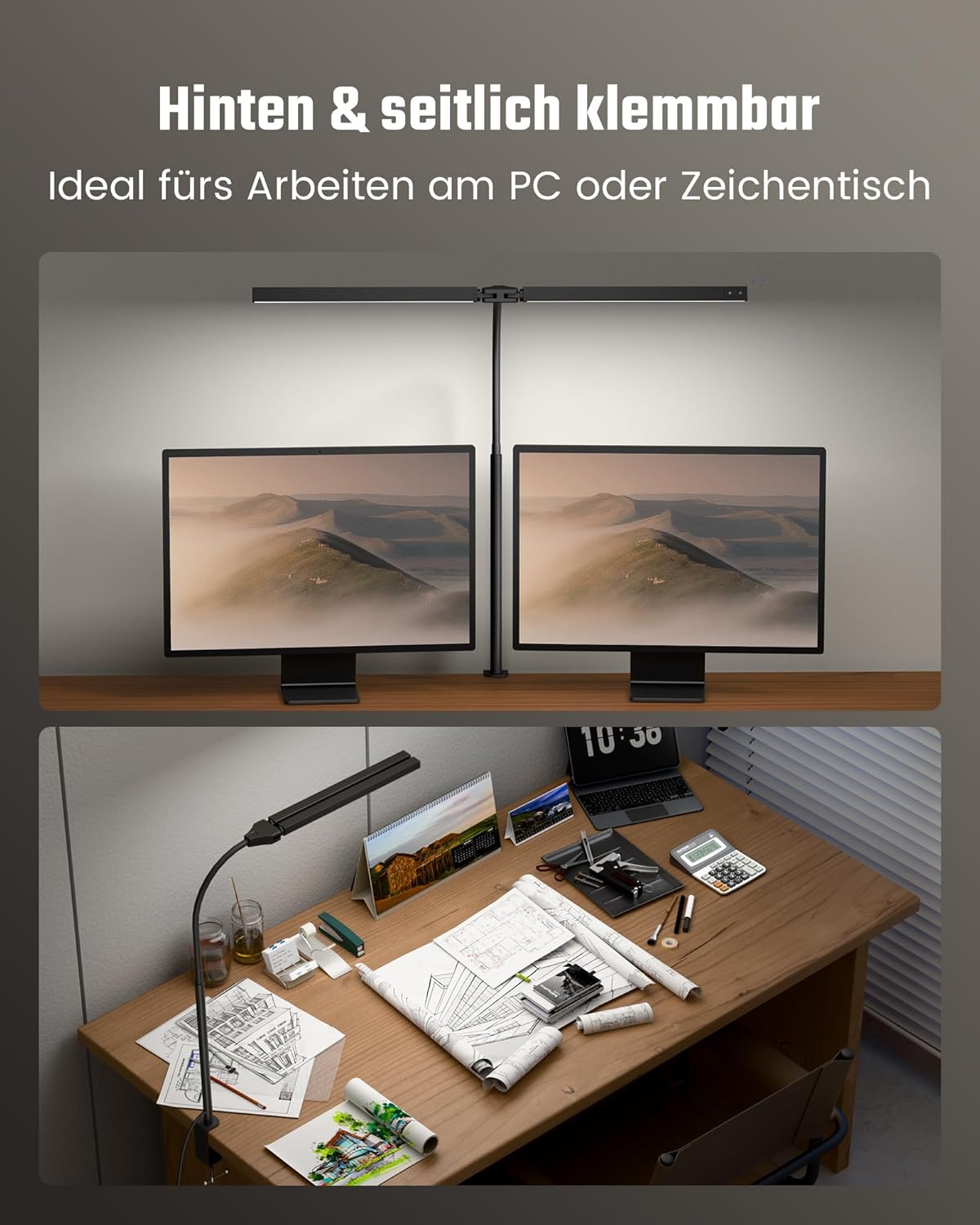 Thumbnail 3 de RIXGLEAM Doppelkopf LED-Schreibtischlampe dimmbar – klemmbar, 270° schwenkbar & 3000–6500 K