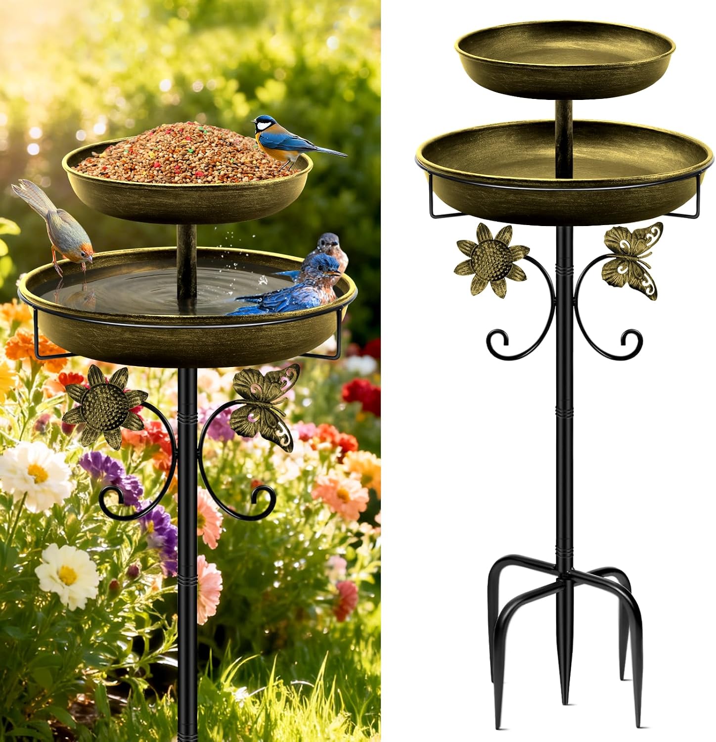 Detalle de Metal Bird Bath for Outside, 42In Double Vintage Freestanding Birdbaths & Birdfeeder (Antique Golden)