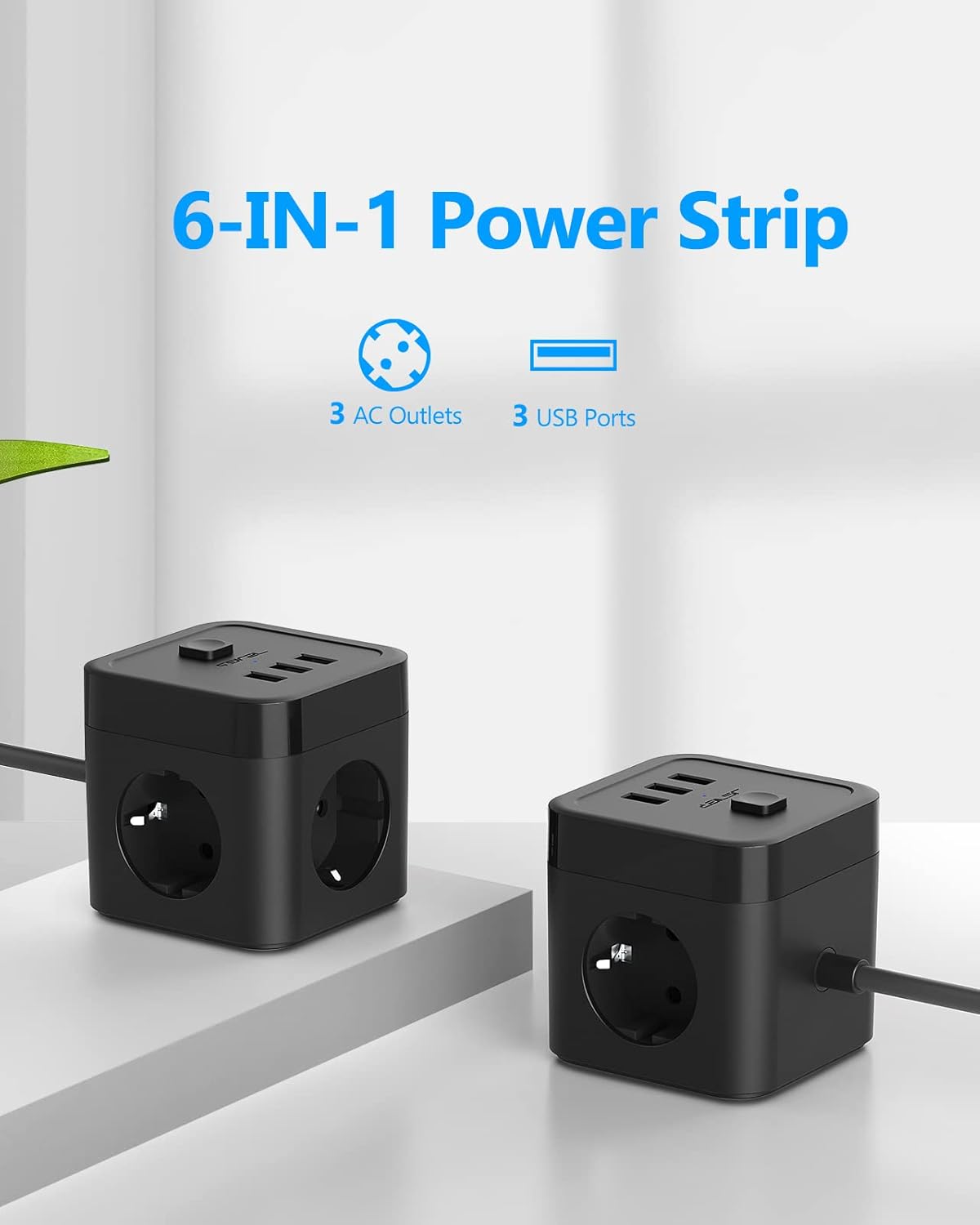 Thumbnail 1 de JSVER Cube Multiprise 3M avec USB – 3 prises CA et 3 ports USB, câble 3 m, noir