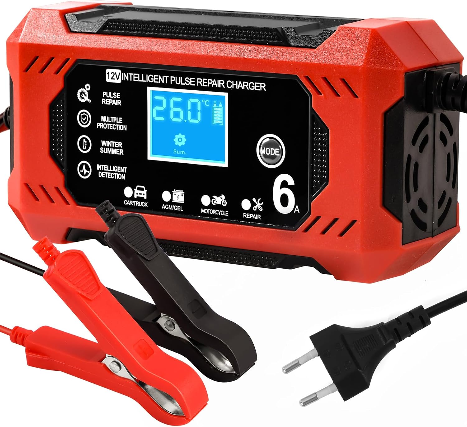 Detalle de YIIFELL 12V 6A slimme acculader voor auto en motorfiets met lcd-display