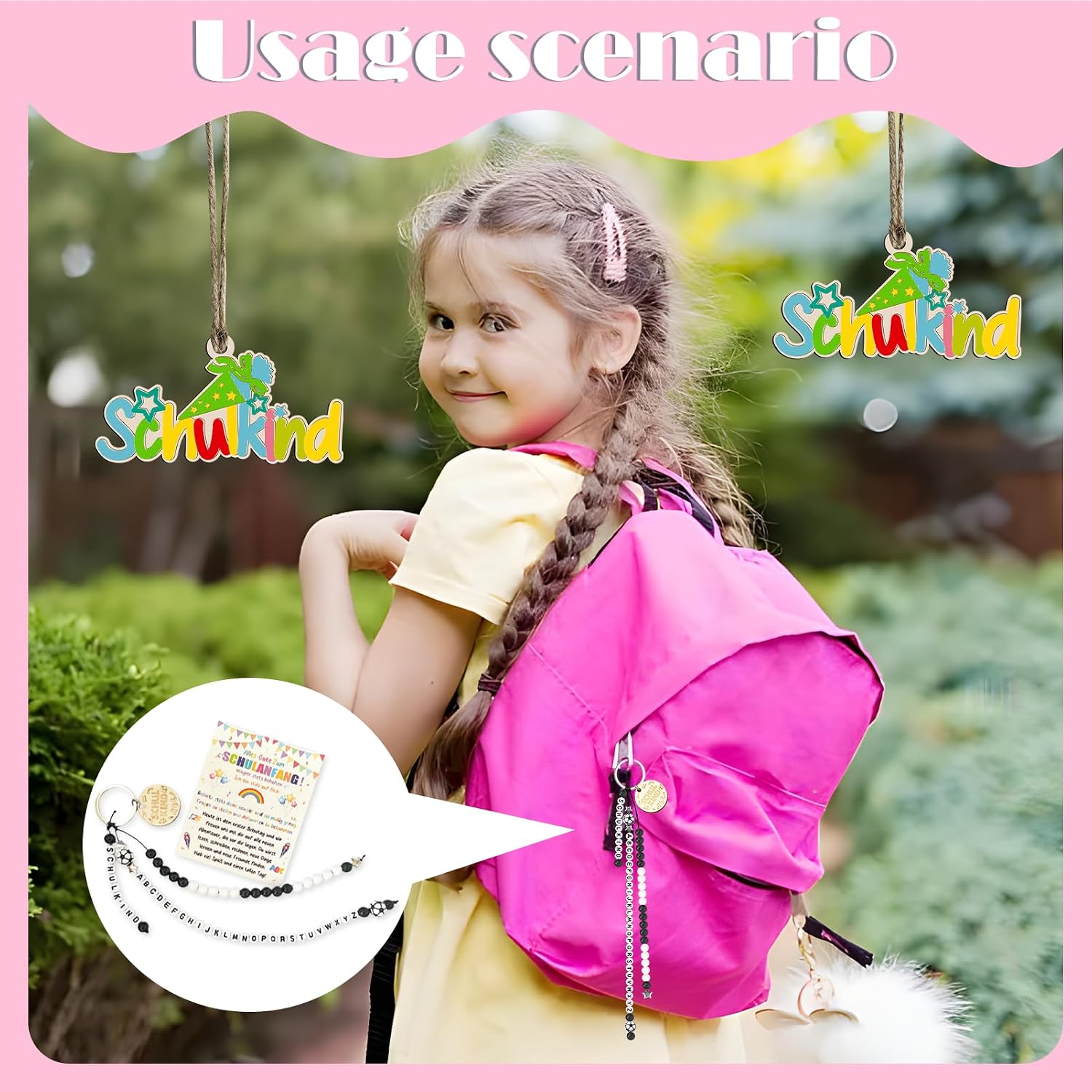 Detalle 2 de UTEFIF Schulkind Geschenk – Rechenkette Schultüte mit Schulanfang Glücksbringer plus Grußkarte (schwarz)