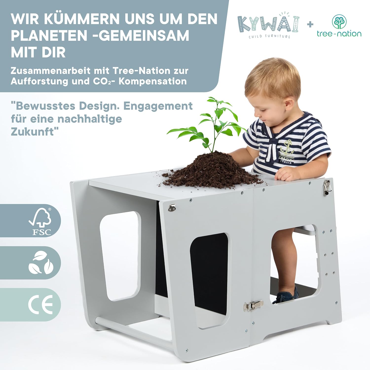 Thumbnail 4 de KYWAI Montessori Lernturm ab 1 Jahr – klappbar, 2-in-1 Premium Learning Tower & Tisch (grau)