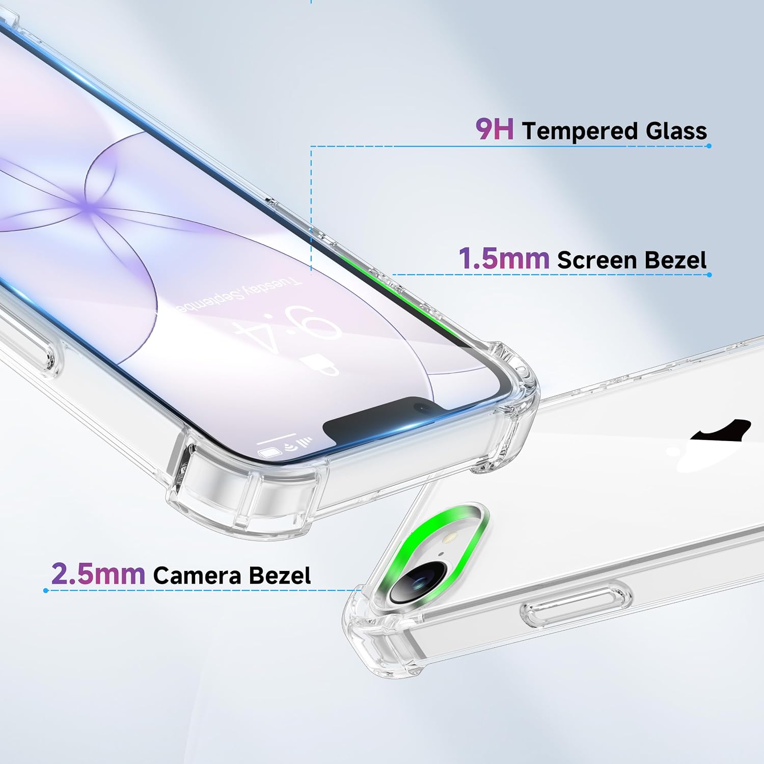 Detalle de ORETECH 3 in 1 Cover per iPhone 17e/16e (6,1") con 2 Vetro Temperato, protezione antiurto in PC rigido e bumper trasparente