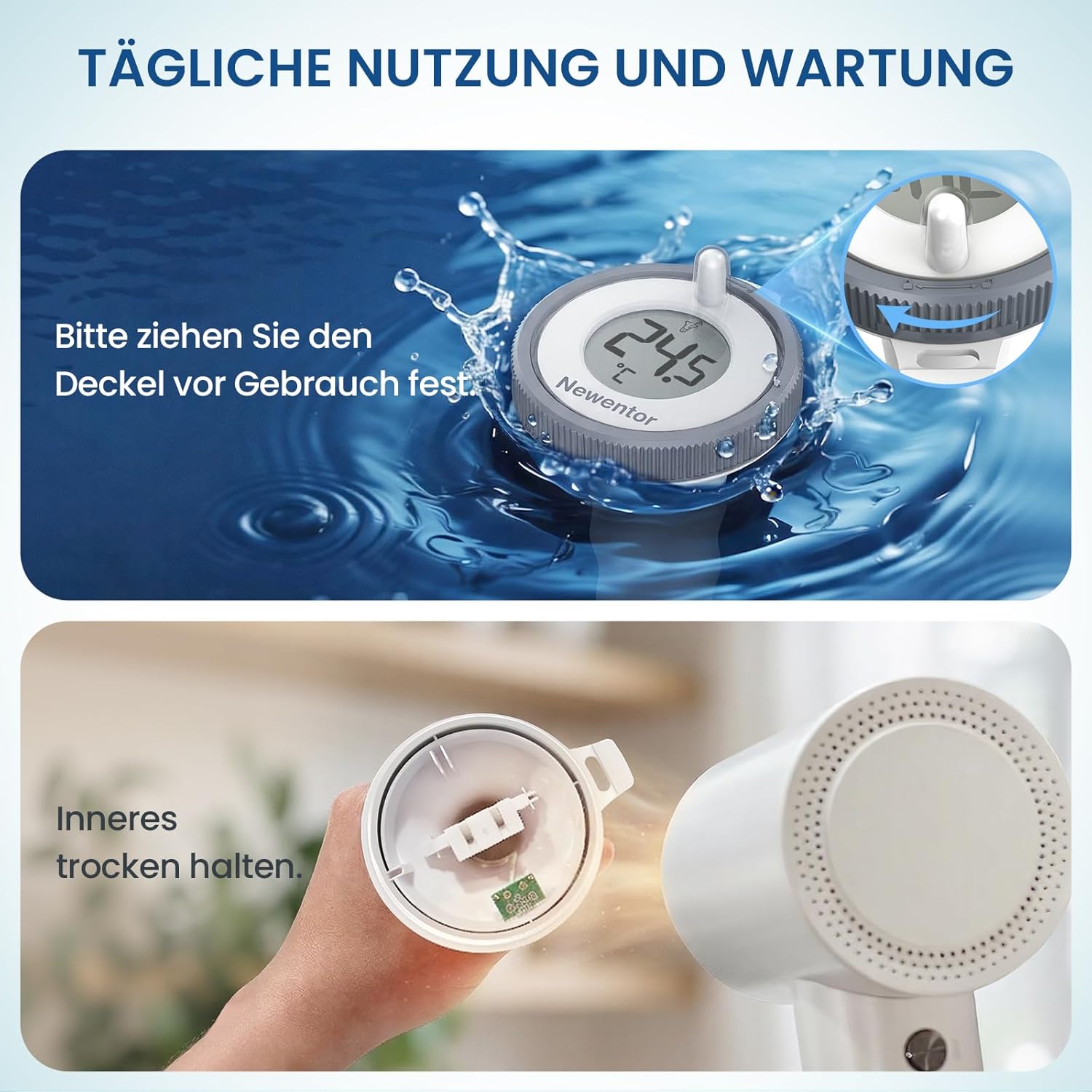 Detalle de Newentor Funk Poolthermometer – 4-fach, wasserdicht, Reichweite bis 100 m, schwimmend mit Basisstation