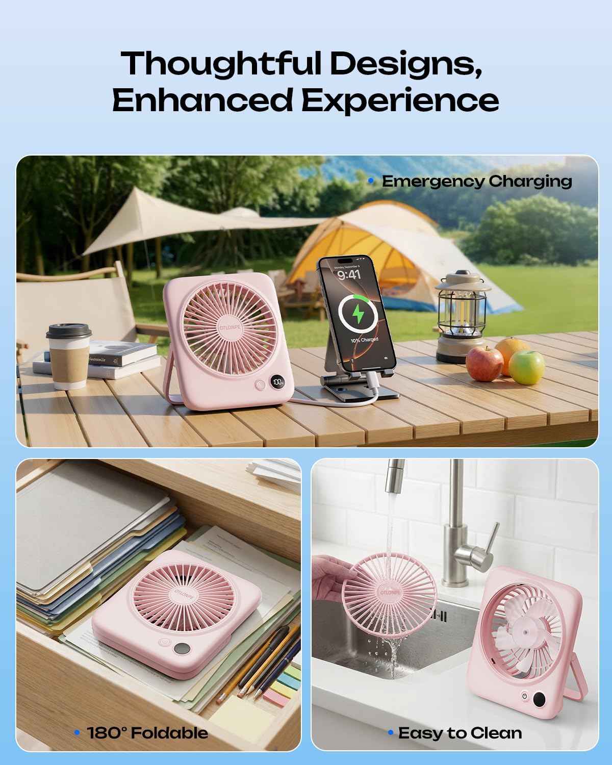 Detalle 2 de Otlonpe S-F16A Rechargeable Desk Fan, 4-Speed, Folding, LED Display, Pink