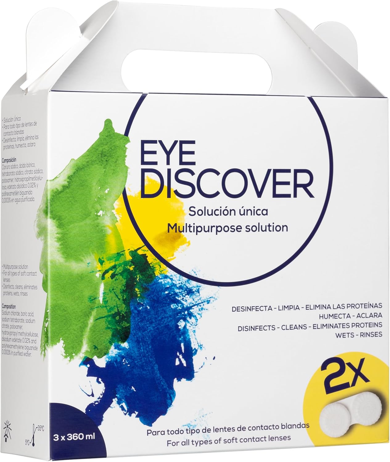 Detalle 2 de EYE DISCOVER Solution tout-en-un pour lentilles souples (désinfection, nettoyage et rinçage) – pack 3 x 360 ml + 2 étuis