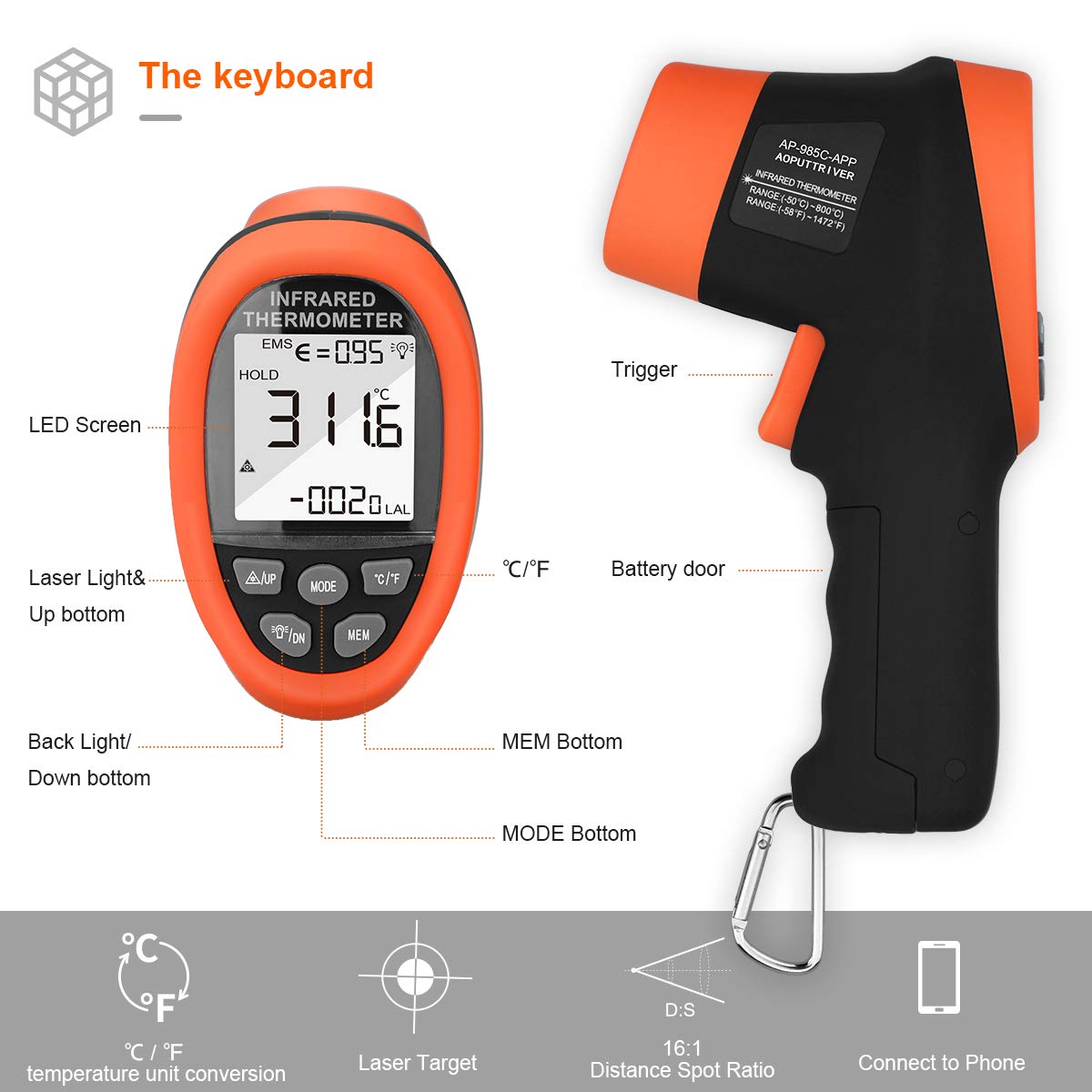 Thumbnail 1 de AOPUTTRIVER AP-985C-APP non-contact infrared thermometer (IR) for -50°C to 800°C measurements