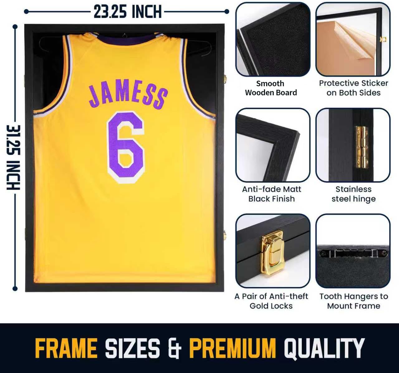 Detalle de GUTAG JDF-H1 Jersey Display Case, Black Wood Shadow Box with 98% UV Acrylic