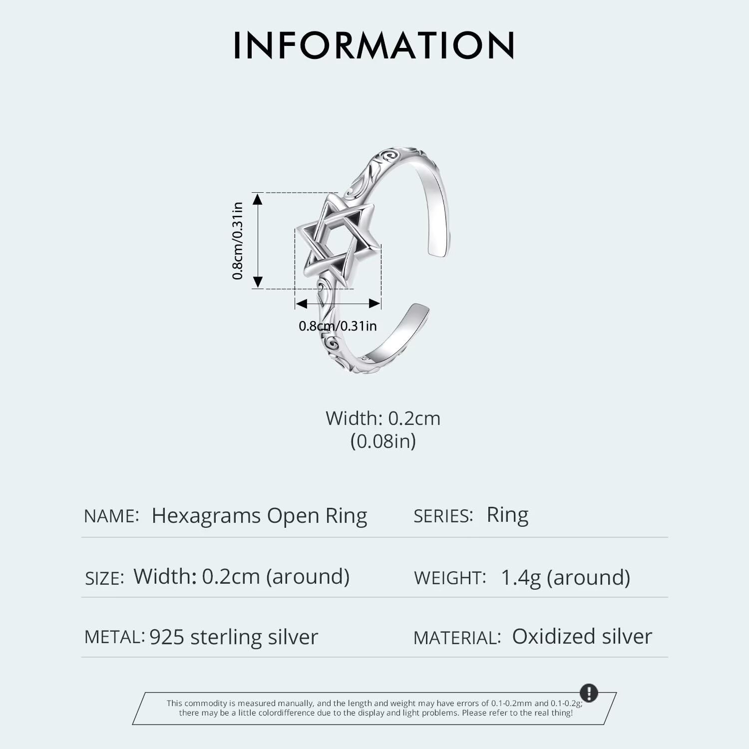Detalle 2 de Kerraom Davidstern Ring aus 925 Sterling Silber – Verstellbarer Damenring mit Hexagramm