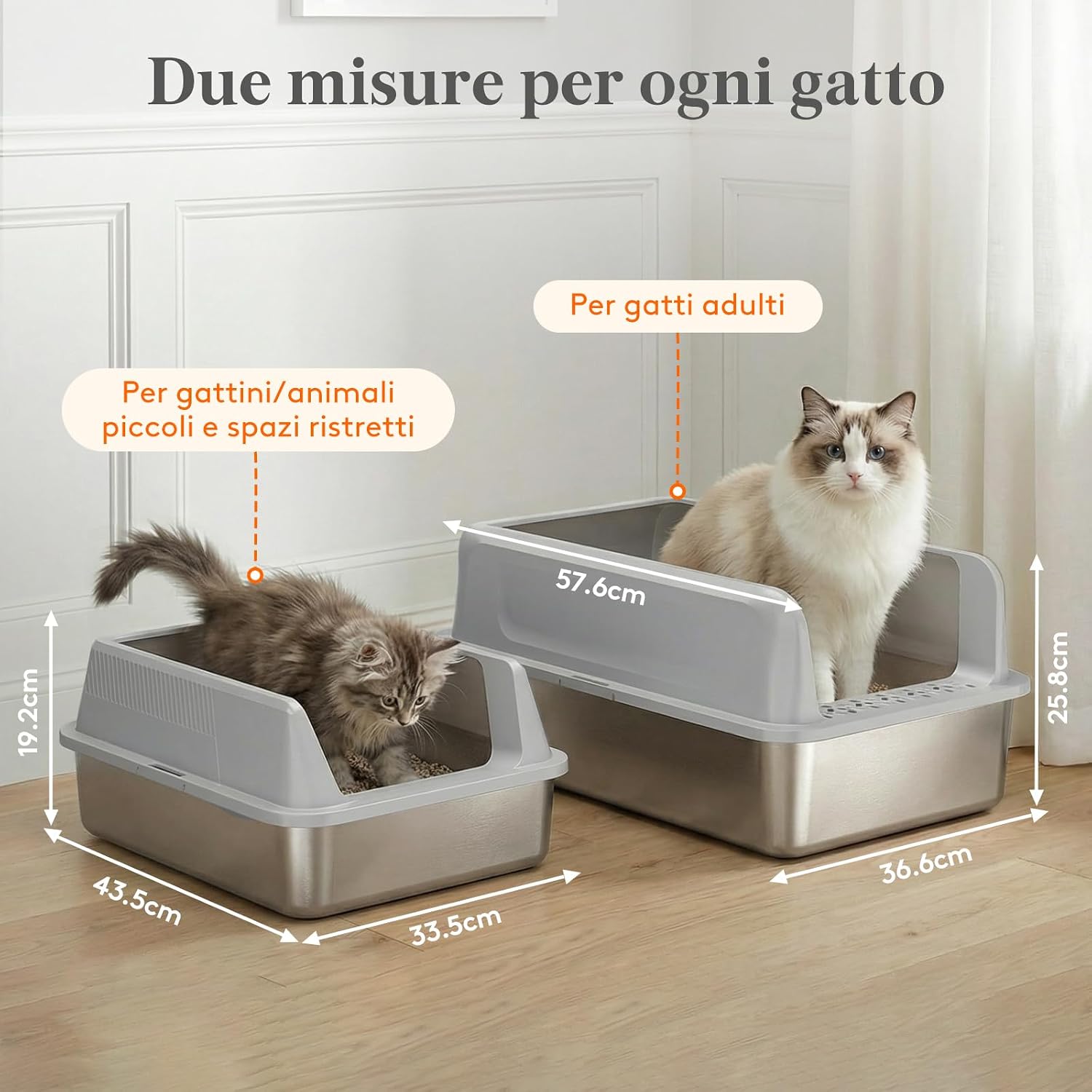 Detalle 2 de Lifewit Lettiera per gatti in acciaio inox XXL con apertura e pala, 58 x 38 x 26 cm, grigio