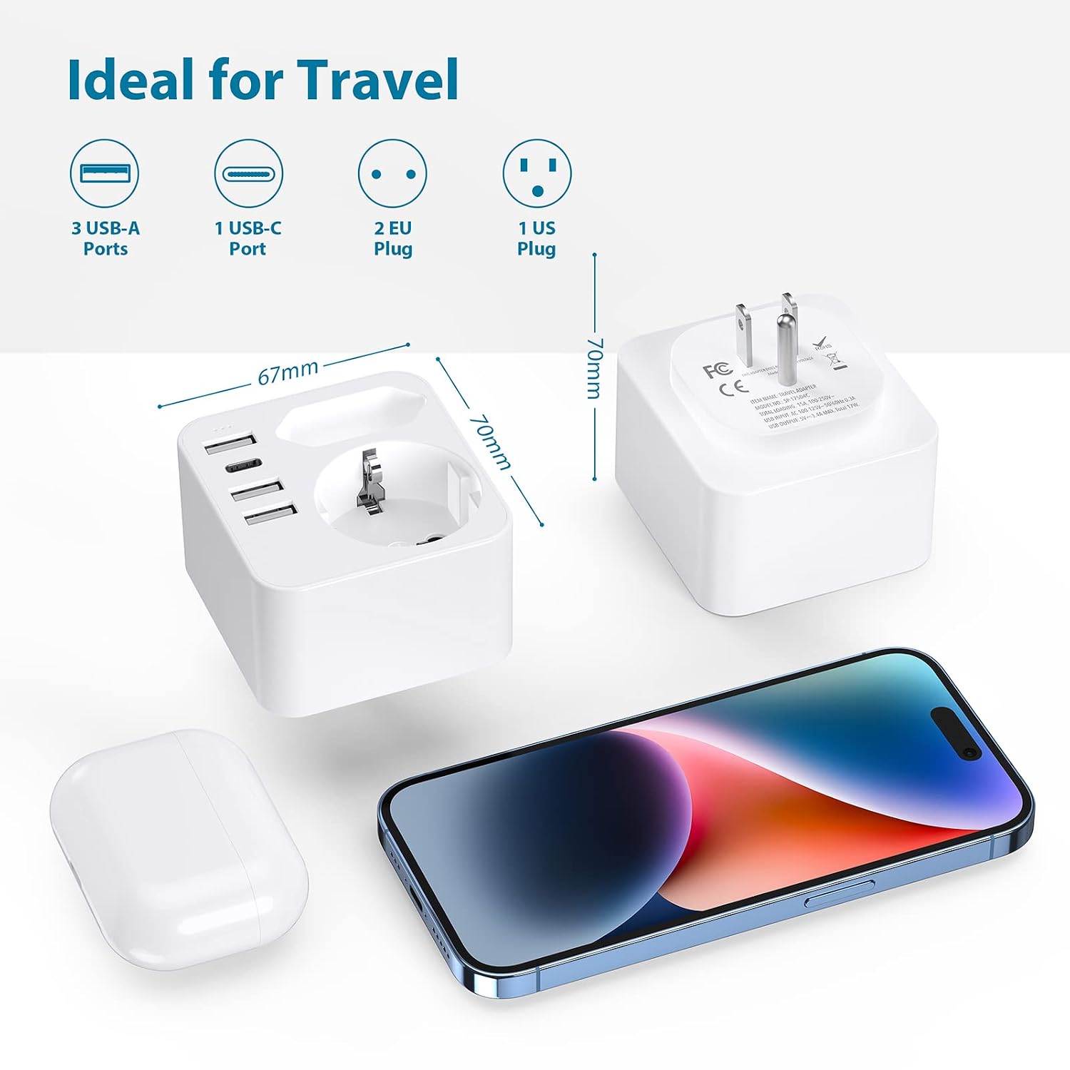 Detalle de USA Reiseadapter mit 3 USB + USB-C (bis 3,4 A) für Deutschland/Europa-Stecker