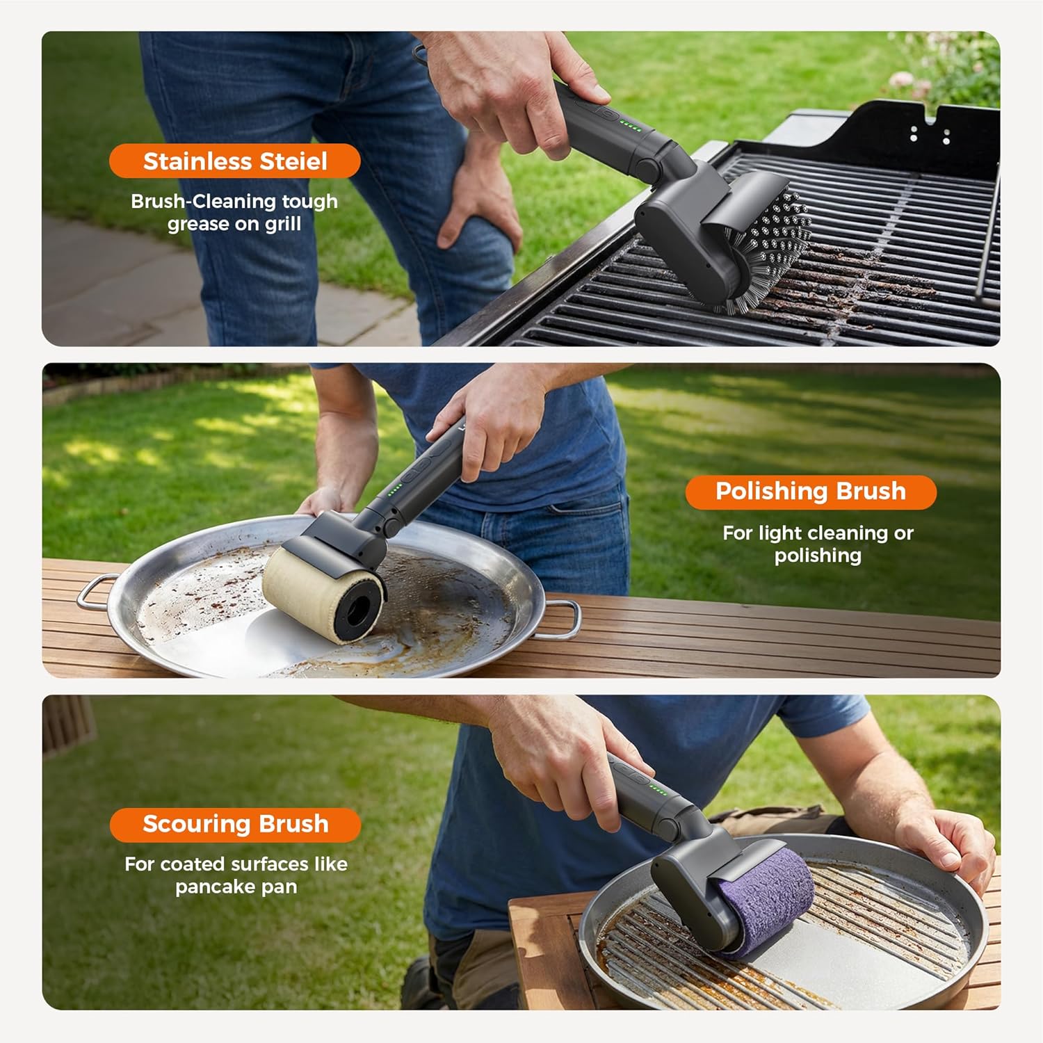 Detalle de Leebein cordless electric grill brush with 3-speed rotating heads and 150-minute runtime