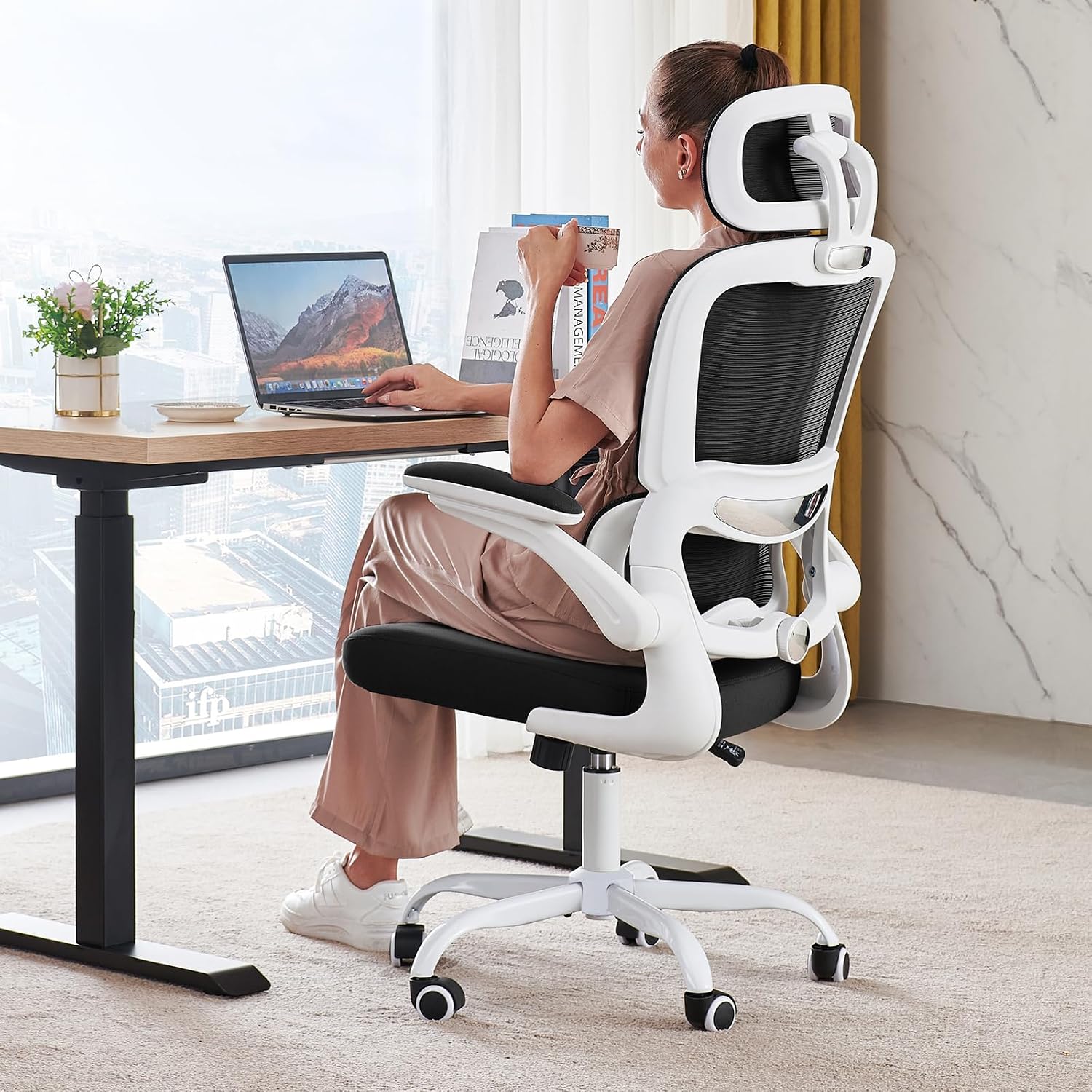 Detalle de TRALT TRALT+ERG+YQ001-1-W-B-CA Ergonomic Mesh Office Chair, Adjustable Lumbar