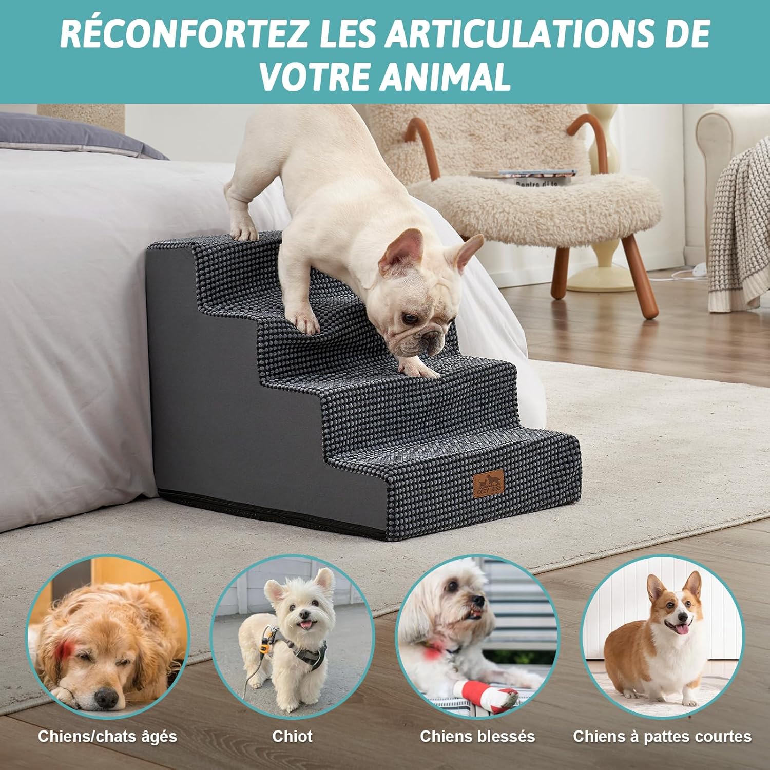 Detalle de COZY KISS Escaliers pour Chiens à 4 Marches – 60x45x45 cm, Gris Foncé