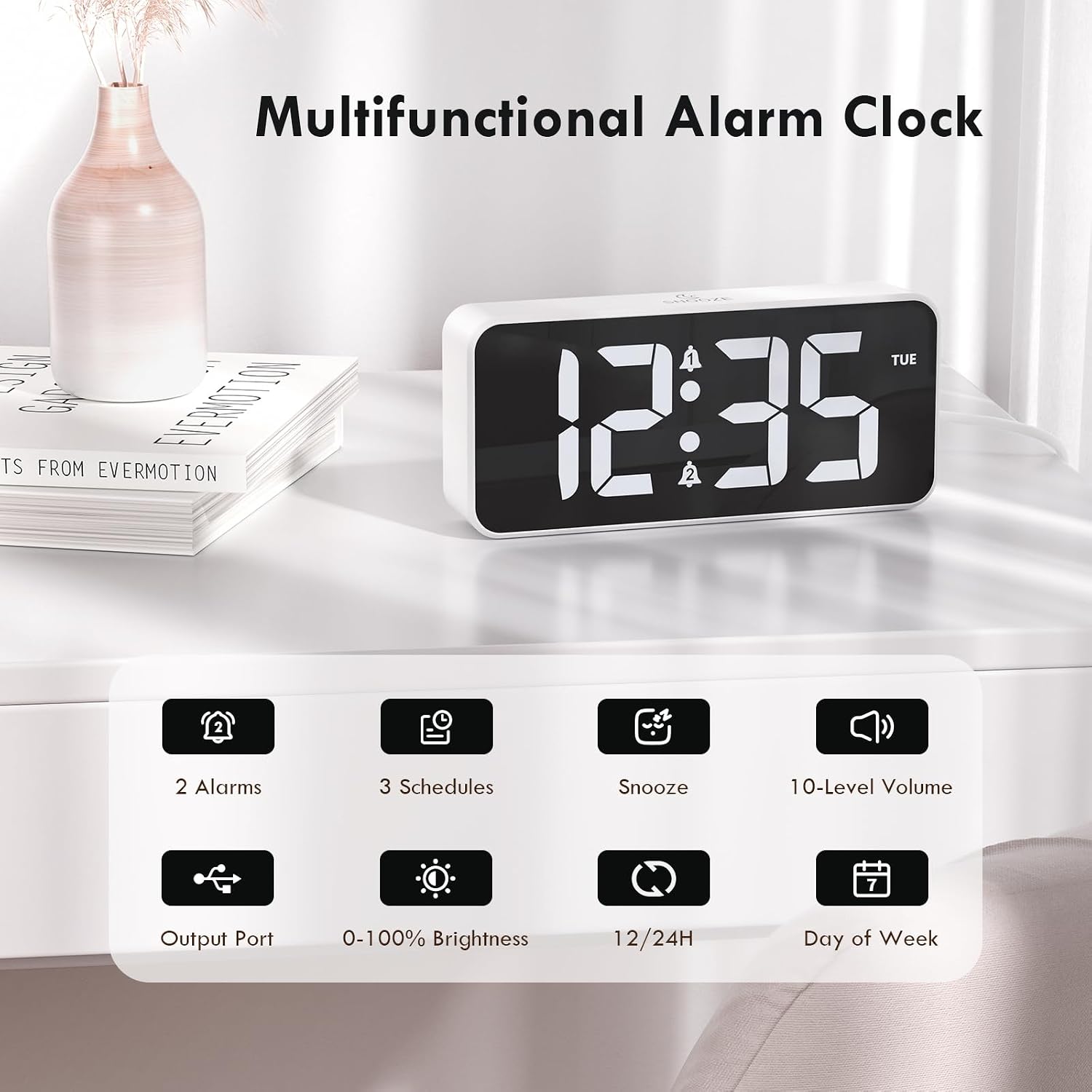 Thumbnail 1 de CHEREEKI Mains Powered Digital Alarm Clock for Bedside Use with Large LED Display, Dual Alarm & USB Charging