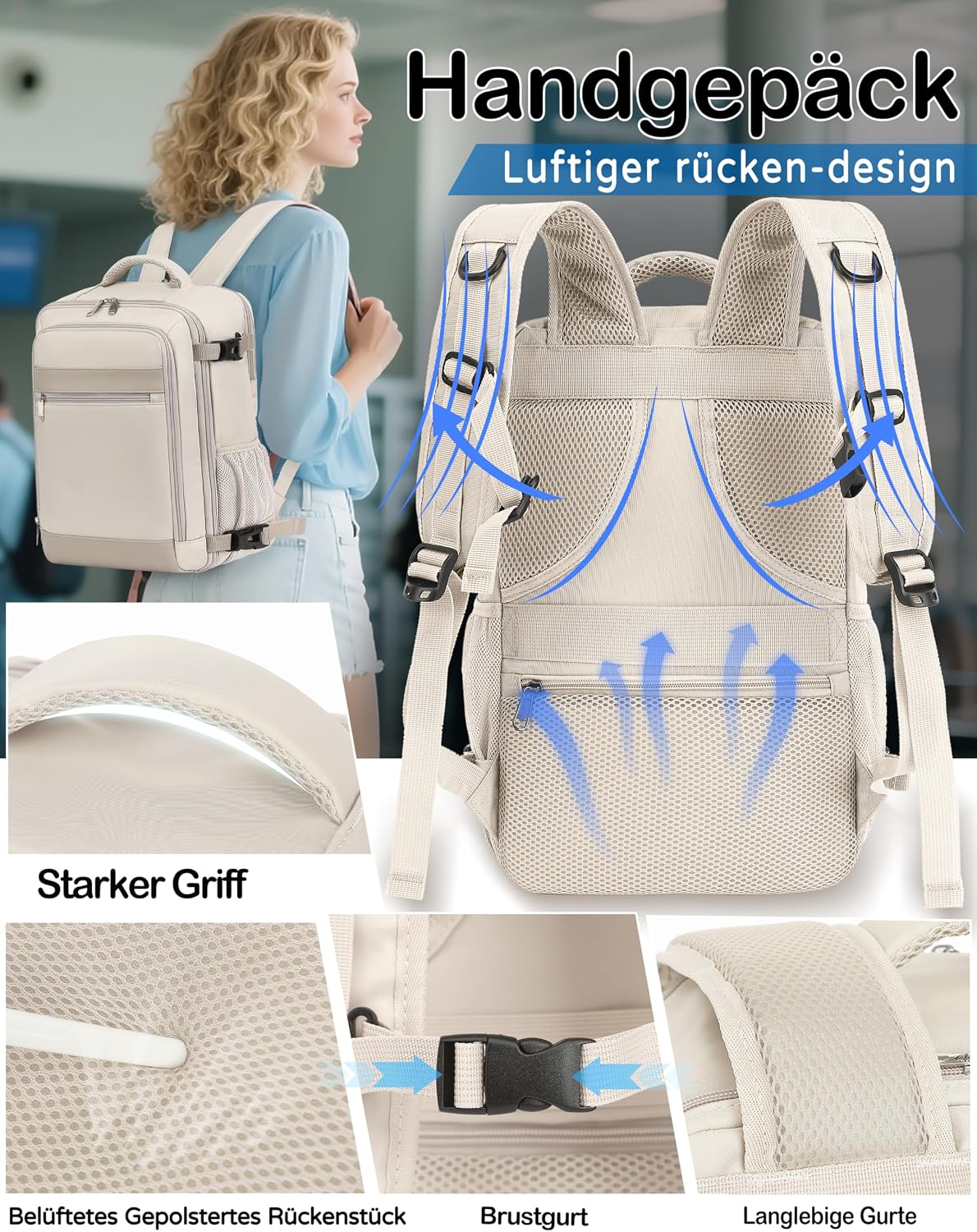 Thumbnail 4 de KLOSTAIN Handgepäck-Rucksack 40 x 20 x 25 cm (20 L) mit 14-Zoll-Laptopfach – Beige