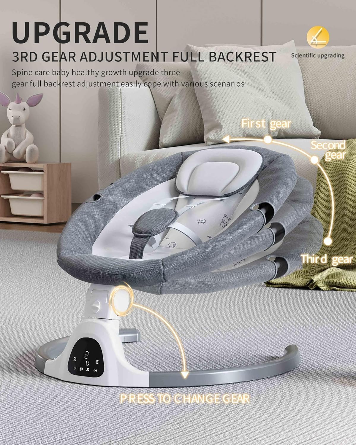 Thumbnail 4 de Adjustable Height Baby Swing for Infants to Toddler – Electric Bluetooth Swing with Remote (Grey)